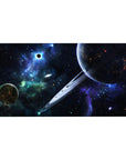 Cosmic space desk pad 40x20 inches with ringed planet, nebula mist, and starry black background.