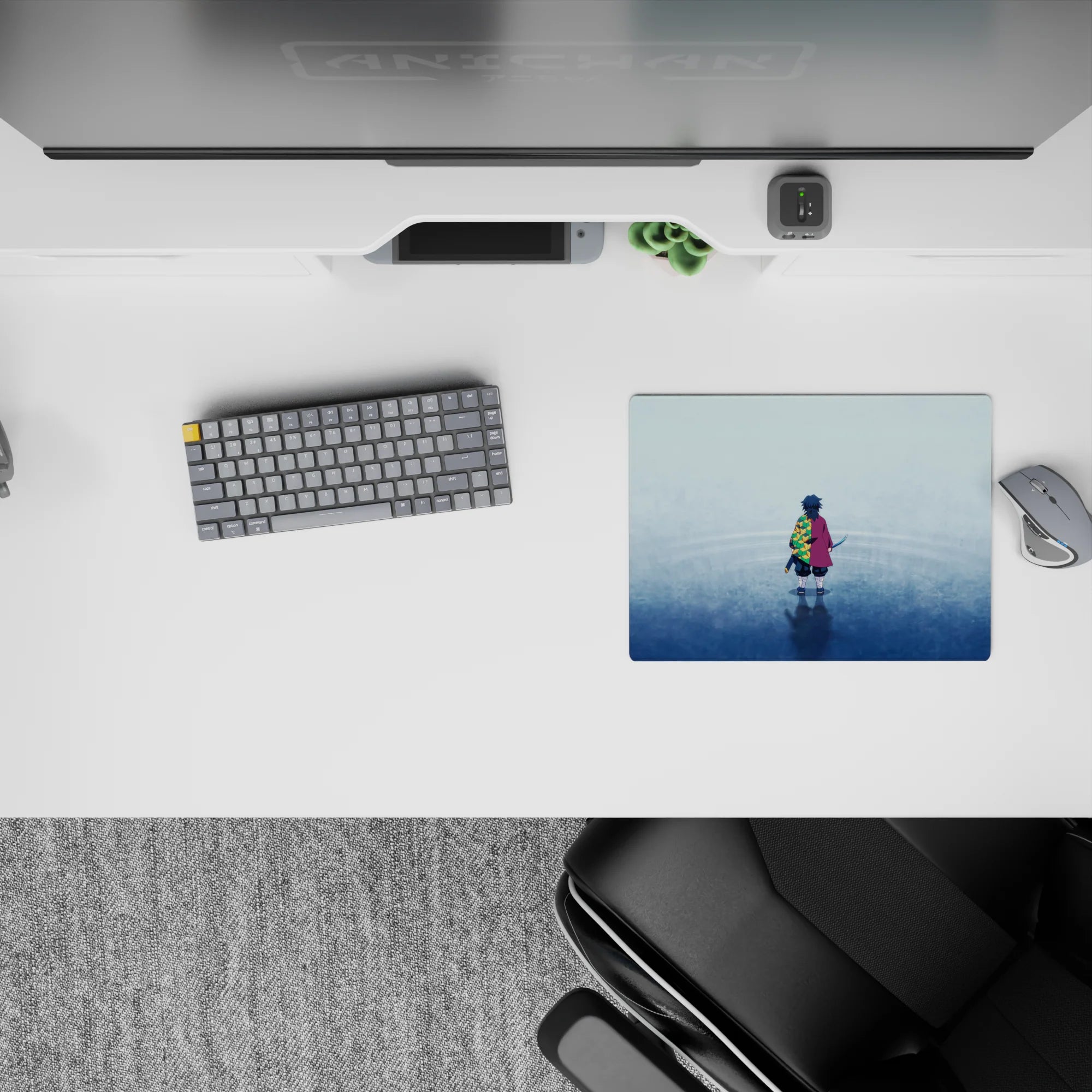 Giyu Tomioka from Demon Slayer on a 14x10 inch mouse pad, featuring his iconic crimson cloak with a green-yellow hexagonal pattern.