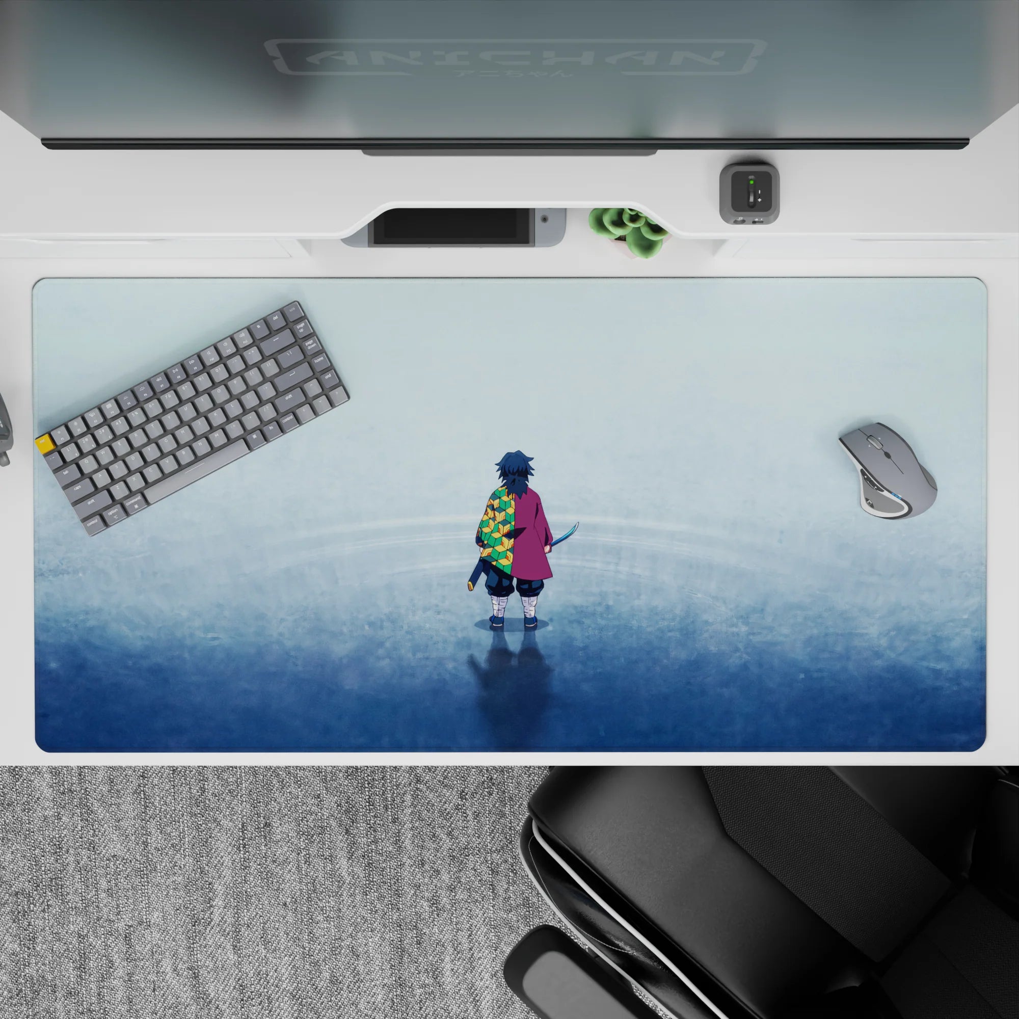 Giyu Tomioka Demon Slayer desk pad, 40x20 inches, featuring his iconic deep crimson cloak and hexagonal pattern.