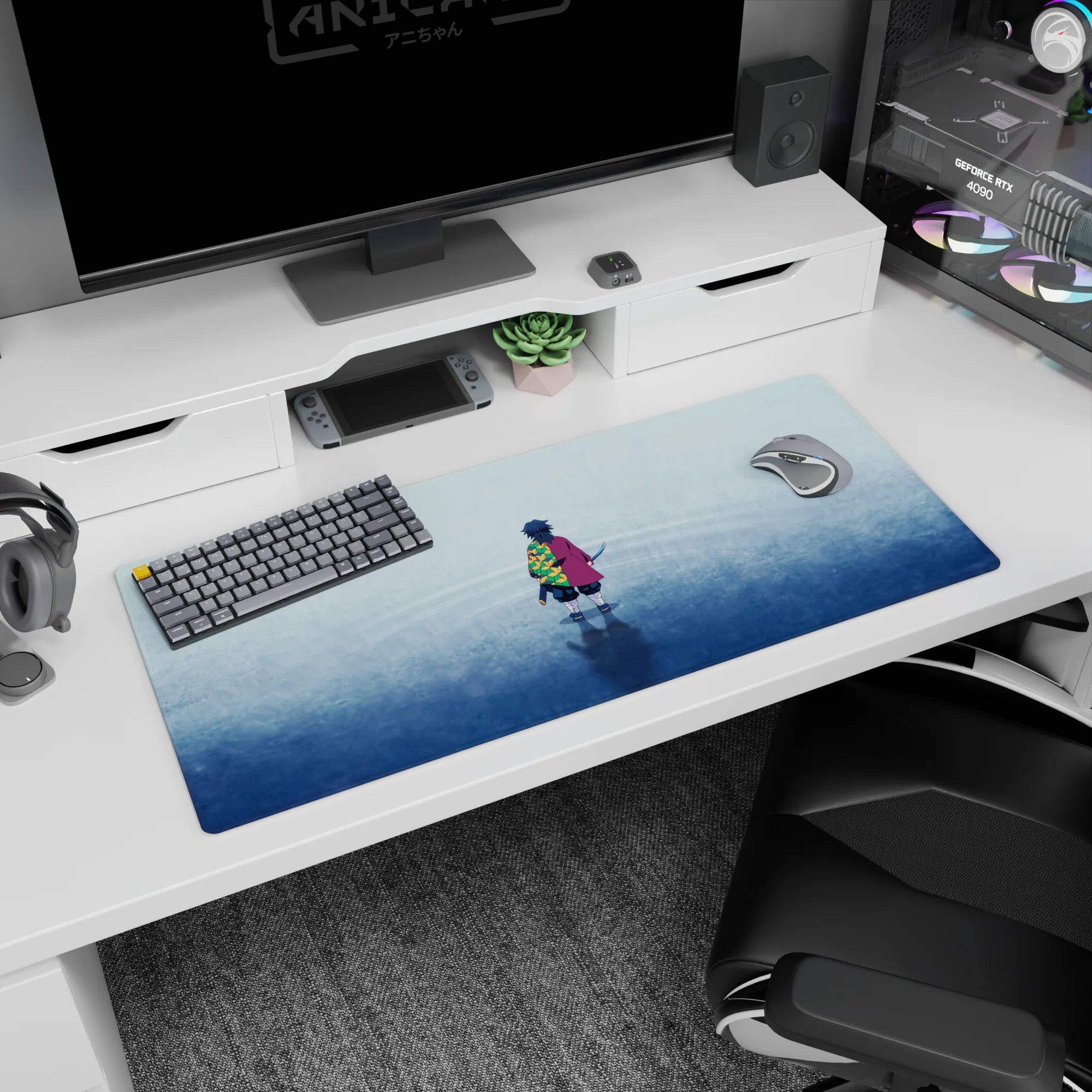 Desk pad featuring Giyu Tomioka from Demon Slayer, 36x16 inches, with a minimalist design and bold hexagonal pattern.