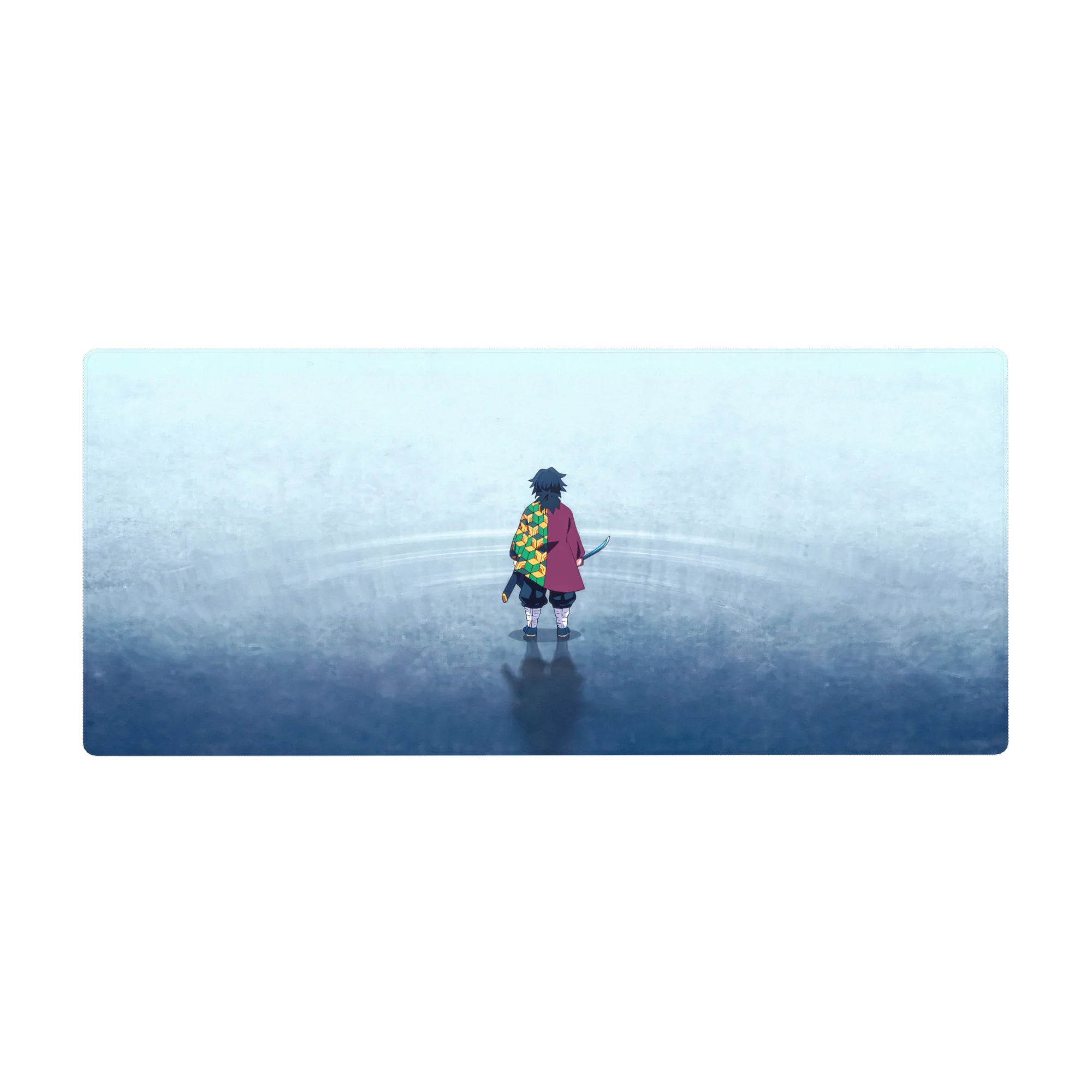 Giyu Tomioka from Demon Slayer on a 36x16 inch desk pad, featuring his crimson cloak and hexagonal green-yellow pattern.