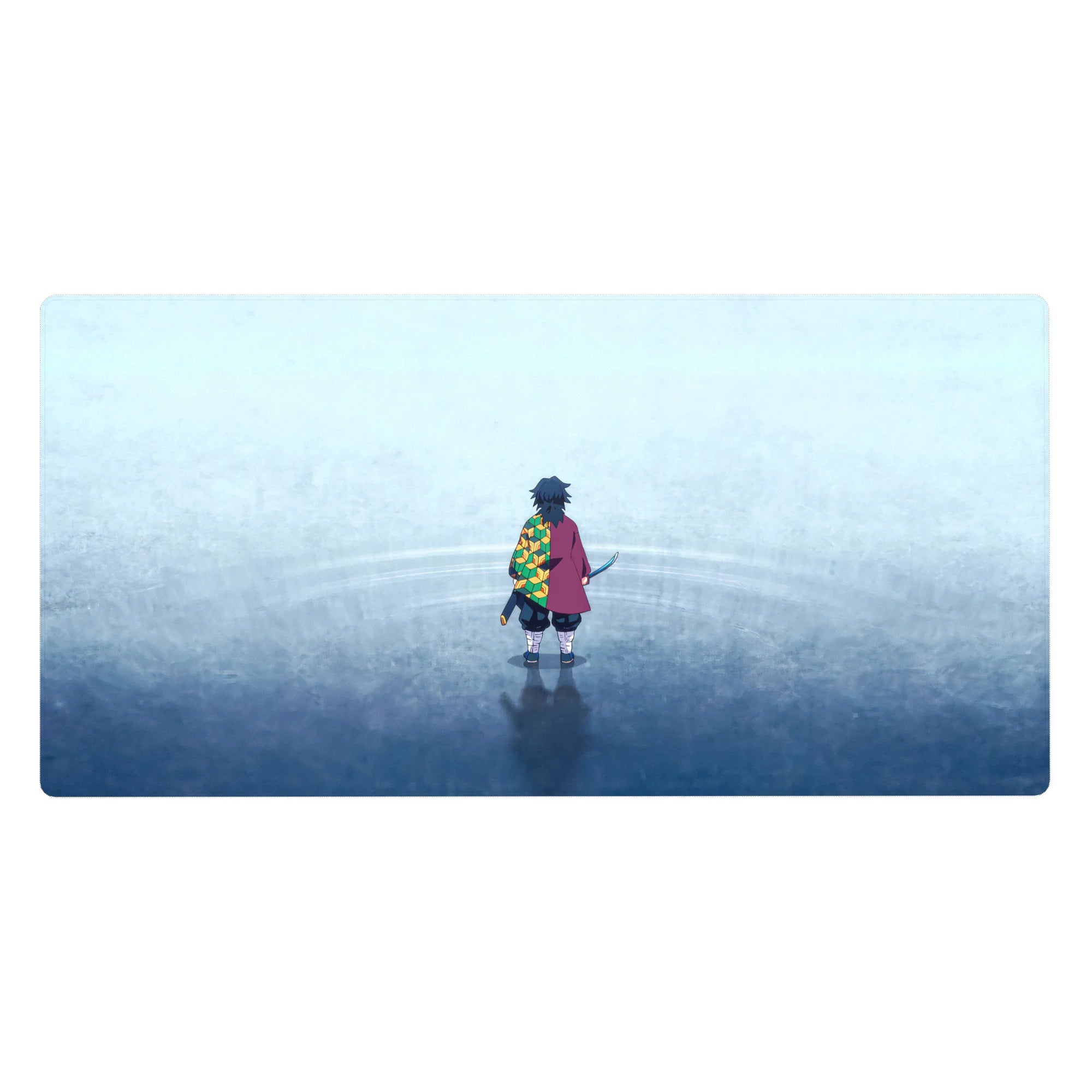 Giyu Tomioka from Demon Slayer on a 40x20 inch desk pad, featuring his iconic crimson cloak and hexagonal green-yellow pattern.