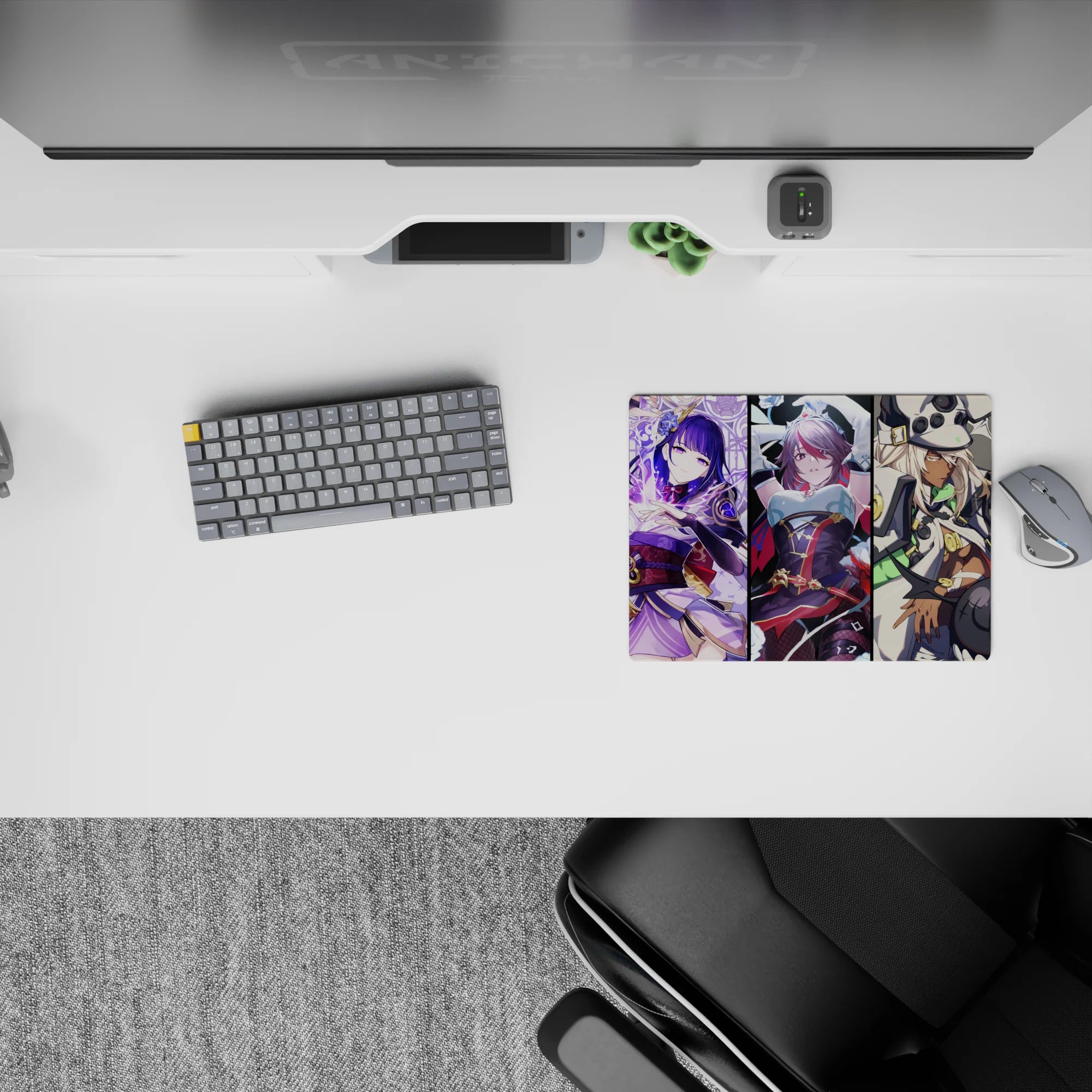 14x10 inches classic anime girl mouse pad in smoky black, violet neon, icy white, and molten red tones.