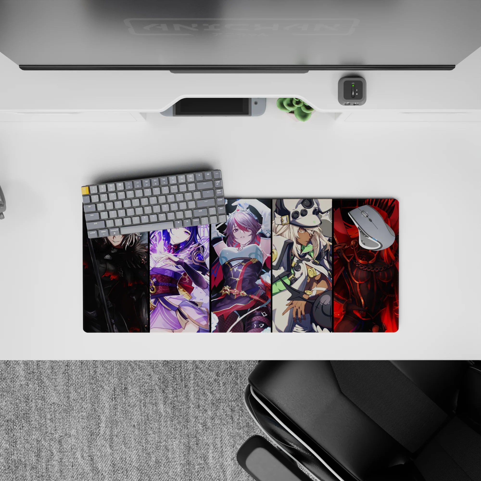 28x12 inches anime girl mouse pad in smoky black, electric violet, icy white, and molten red for edgy vibes.
