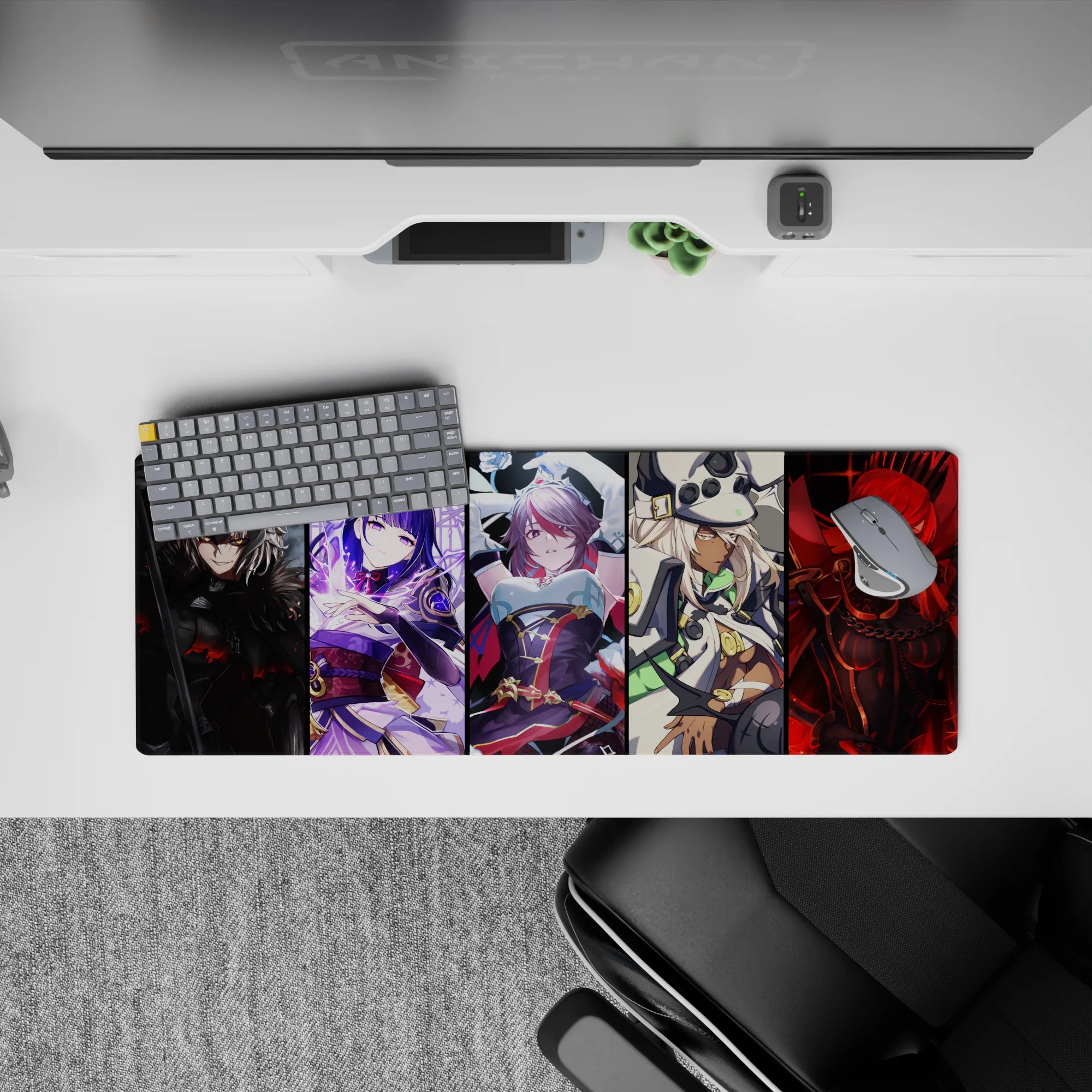 32x12 inches anime girl mouse pad in smoky black, electric violet, icy white, and molten red, edgy vibe.