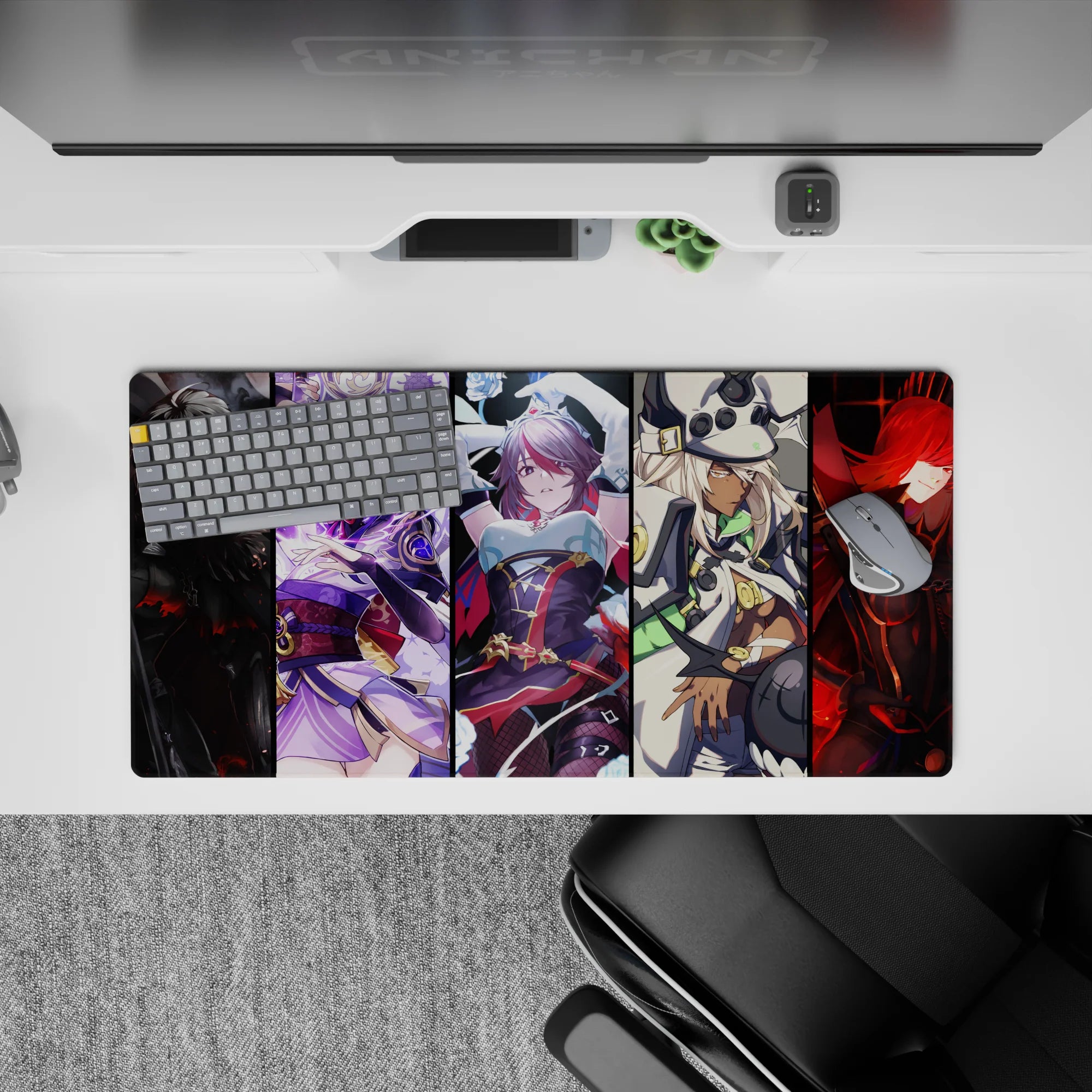 32x16 inches anime girl mouse pad in smoky black, electric violet, icy white, and molten red for edgy vibes.