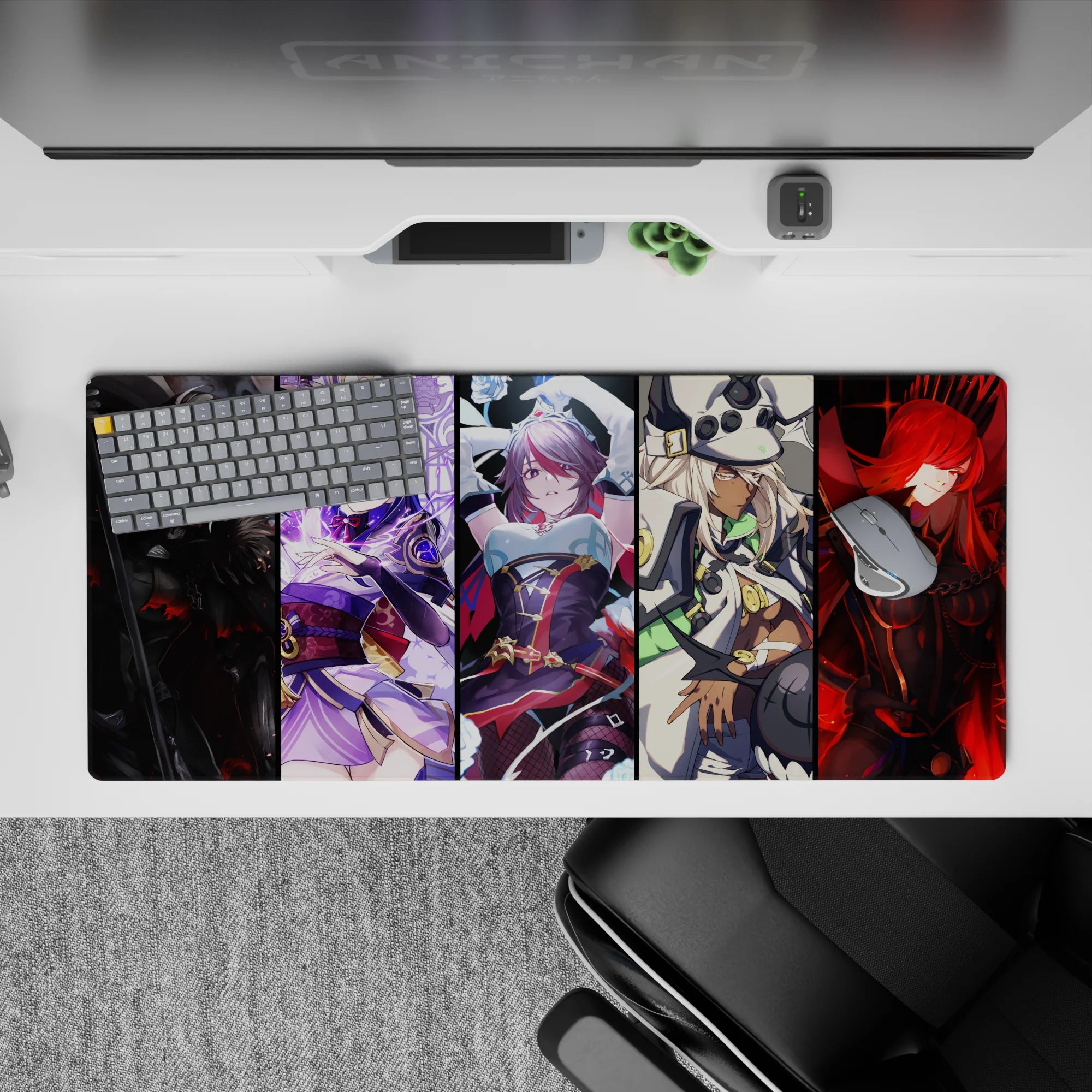 36x16 inches anime girl desk pad in smoky black, electric violet, icy white, and molten red for edgy vibes.