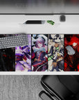 36x16 inches anime girl desk pad in smoky black, electric violet, icy white, and molten red for edgy vibes.