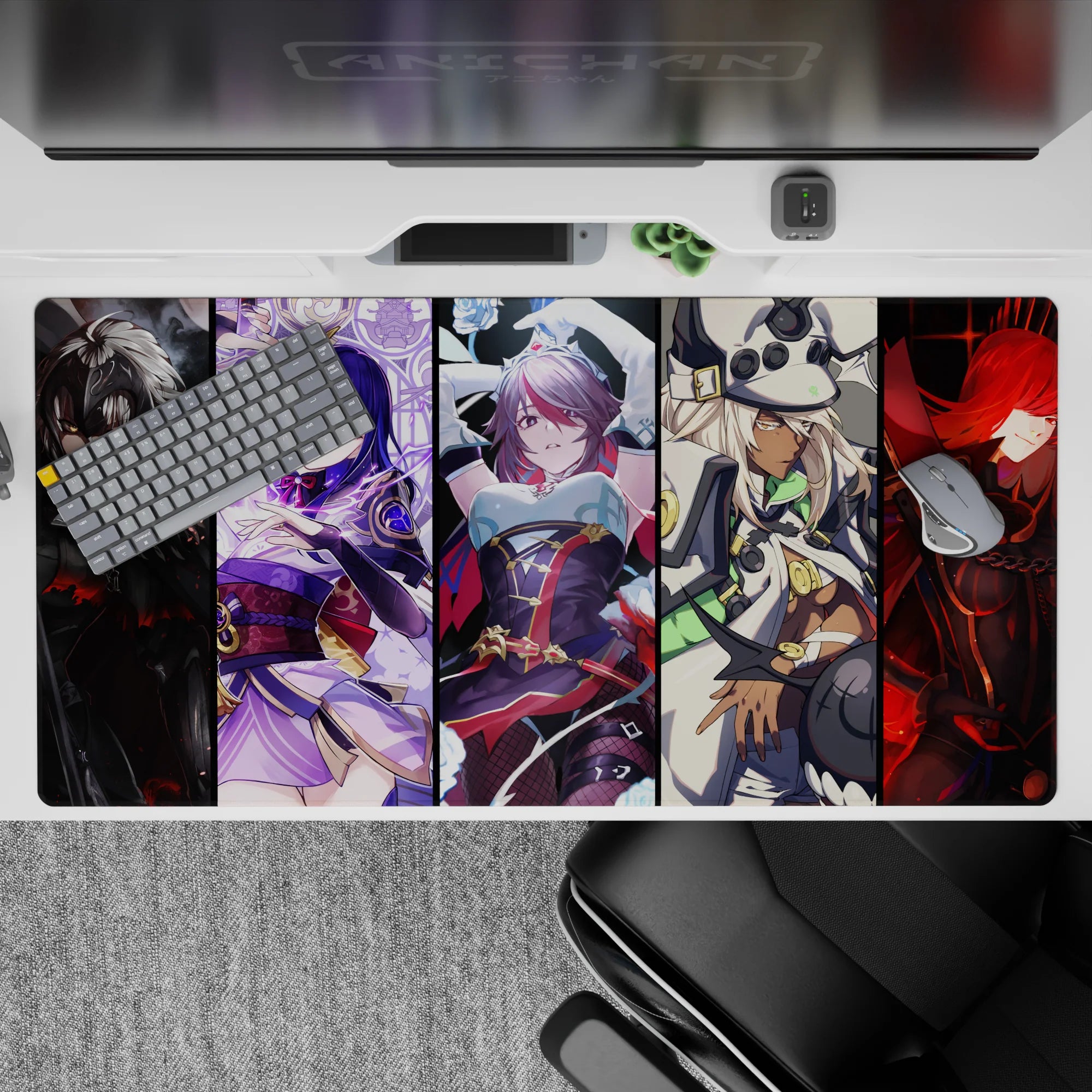 40x20 inches anime desk pad in smoky black, electric violet, icy white, and molten red for edgy attitude.