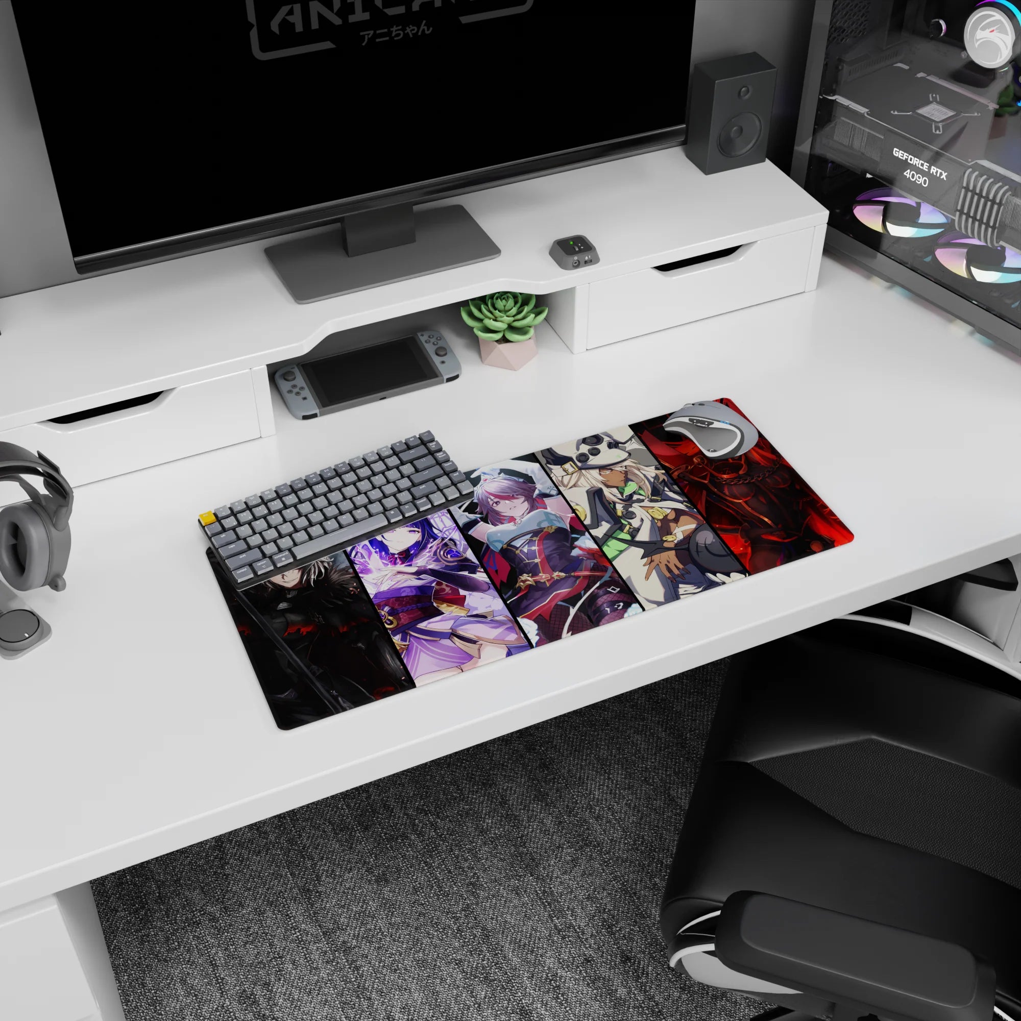28x12 inches anime girl mouse pad showing five warrior heroines posed like a collector poster across the desk.