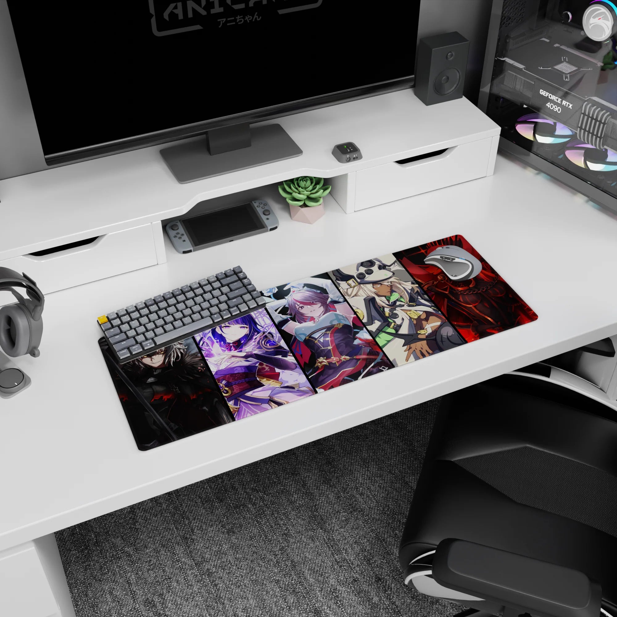 32x12 inches anime girl mouse pad showing a lineup of five fierce girls like a collector poster on your desk.