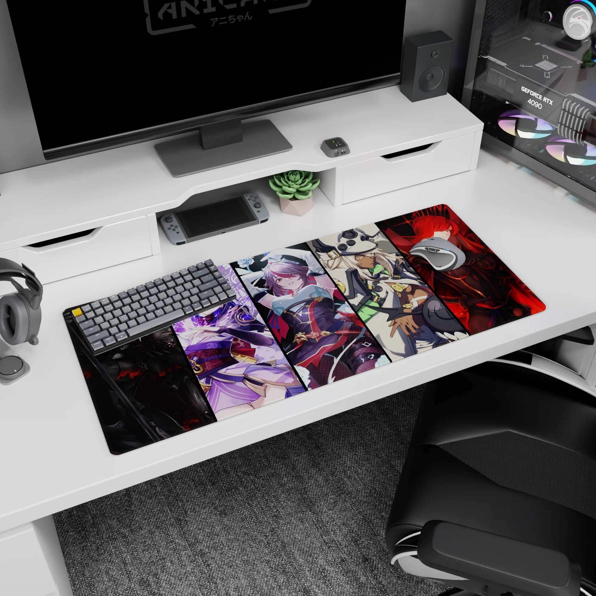 36x16 inches anime girl desk pad showing a lineup of five fierce female characters like a collector poster.