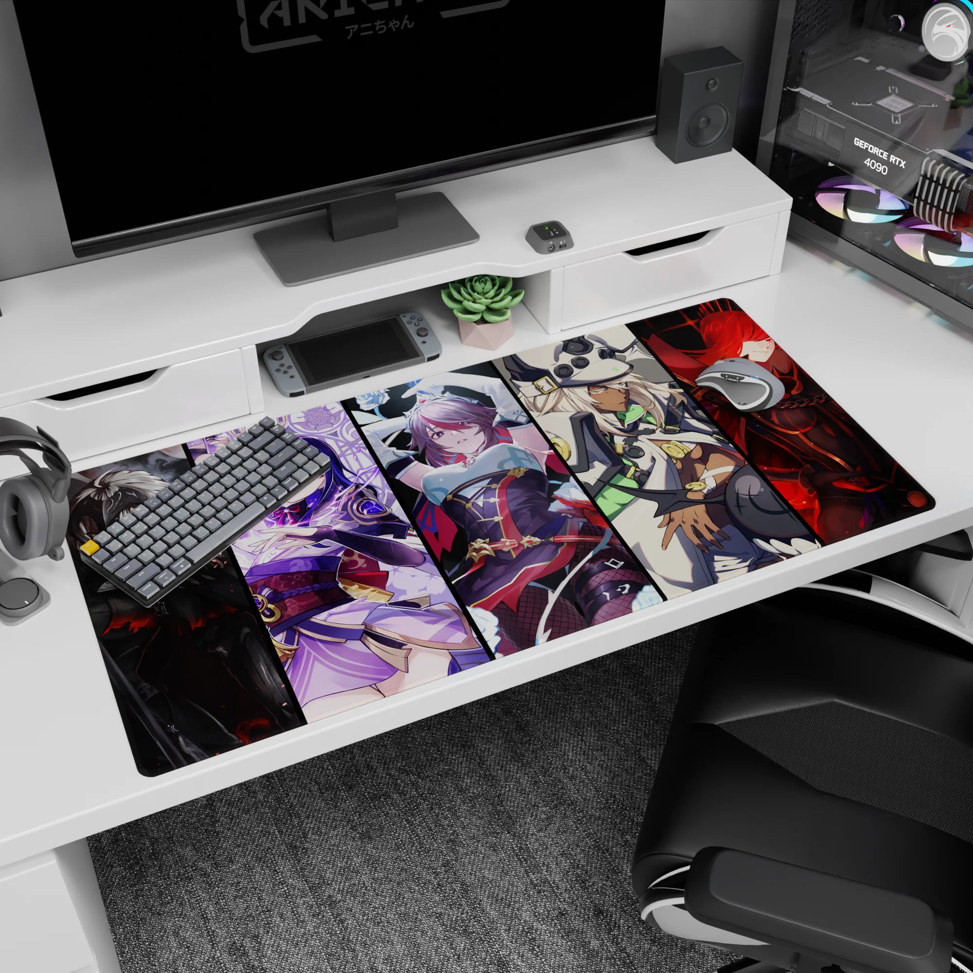 40x20 inches anime girl desk pad featuring a lineup of five fierce heroines like a collector poster scene.