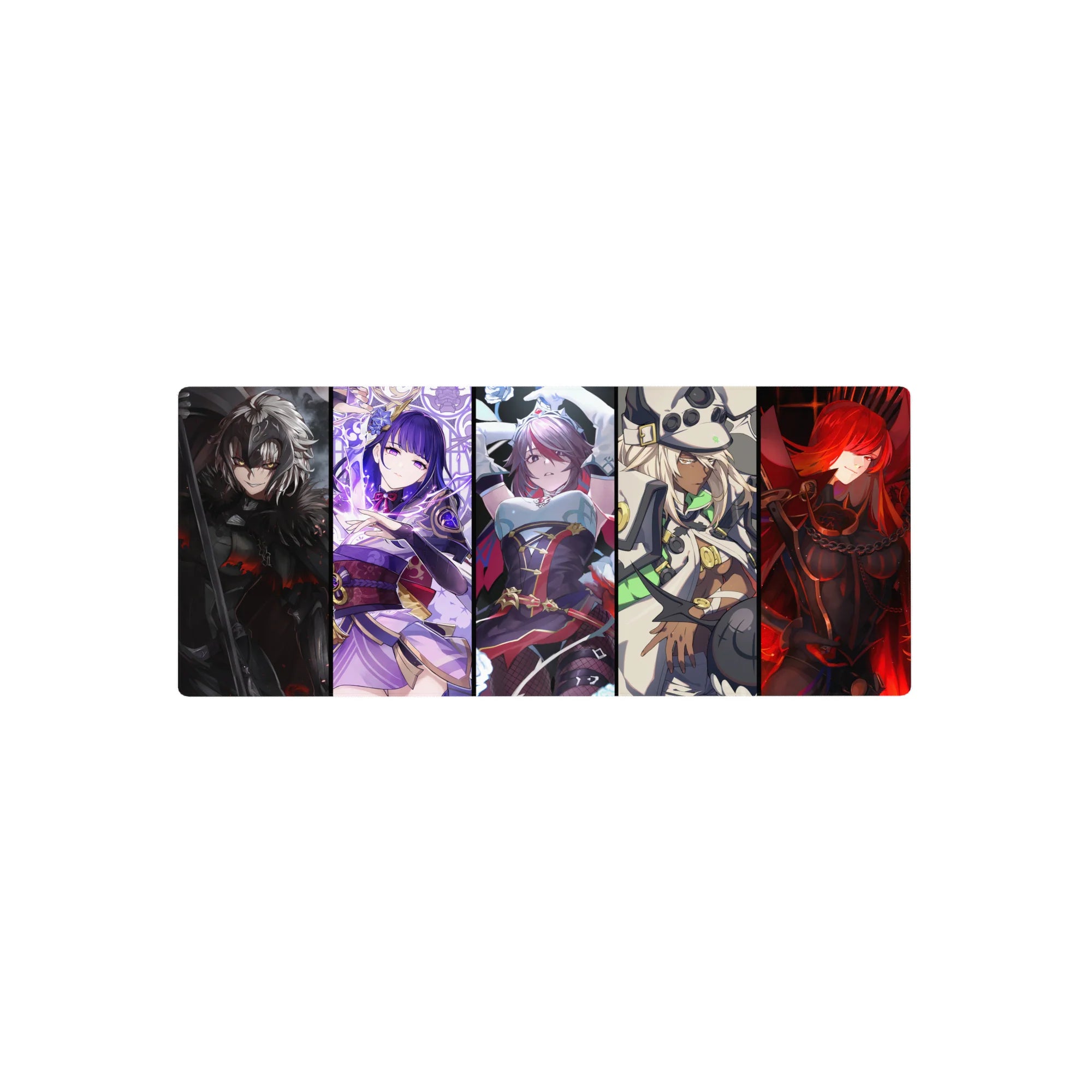 28x12 inches anime girl mouse pad with five bold heroines lineup, lace, armor, ribbons, and sci-fi accents.