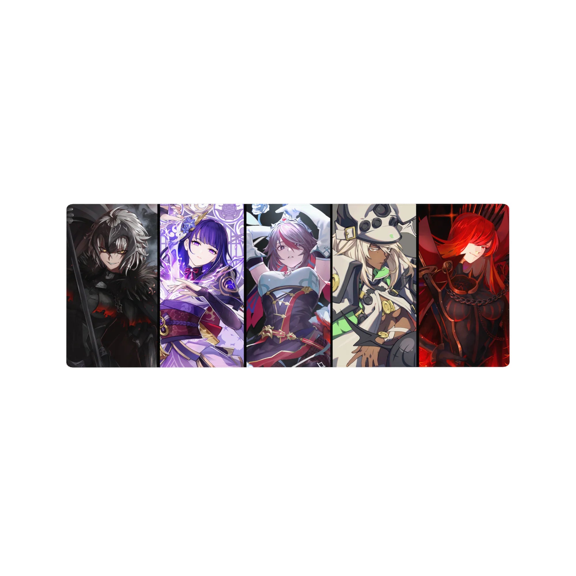32x12 inches anime girl mouse pad with five bold heroines in lace, armor, ribbons, and sci-fi accents.