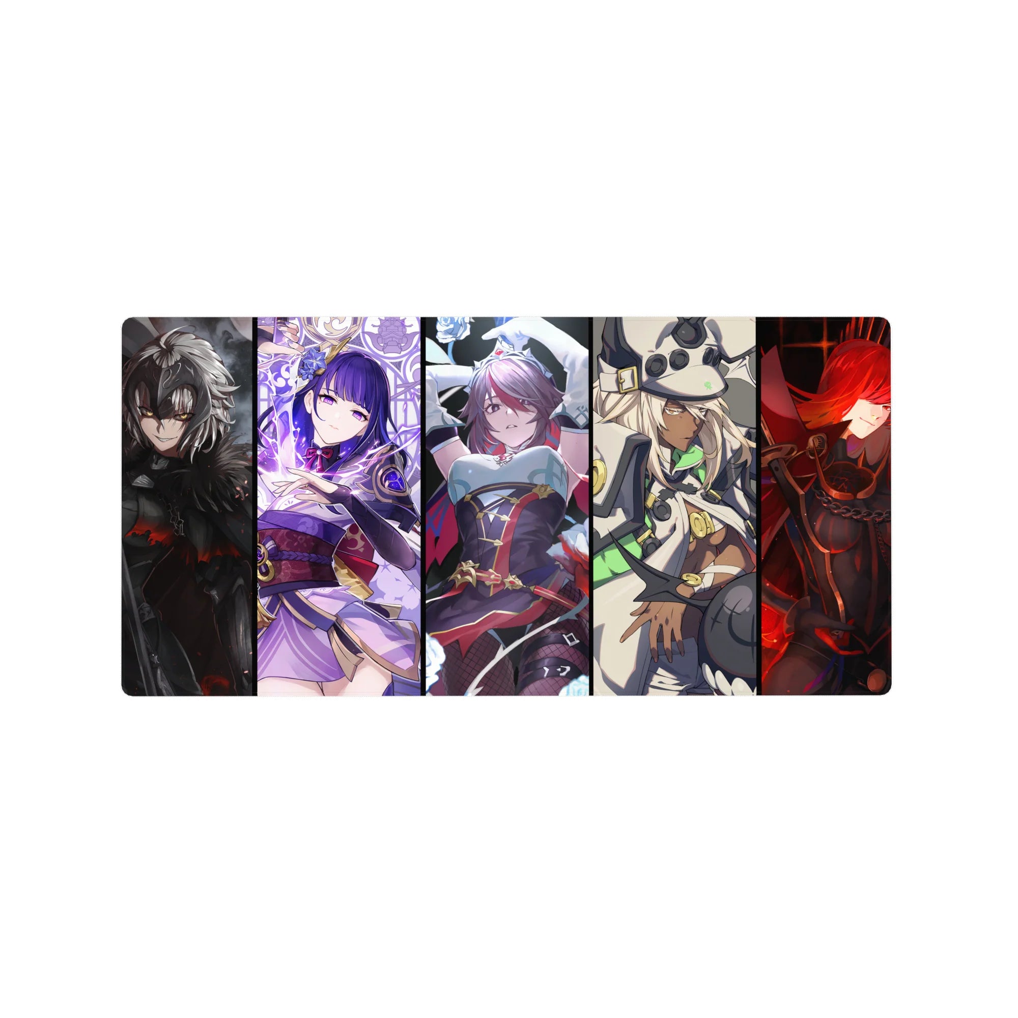 32x16 inches anime girl mouse pad with five bold heroines lineup, lace, armor, ribbons, and sci-fi details.