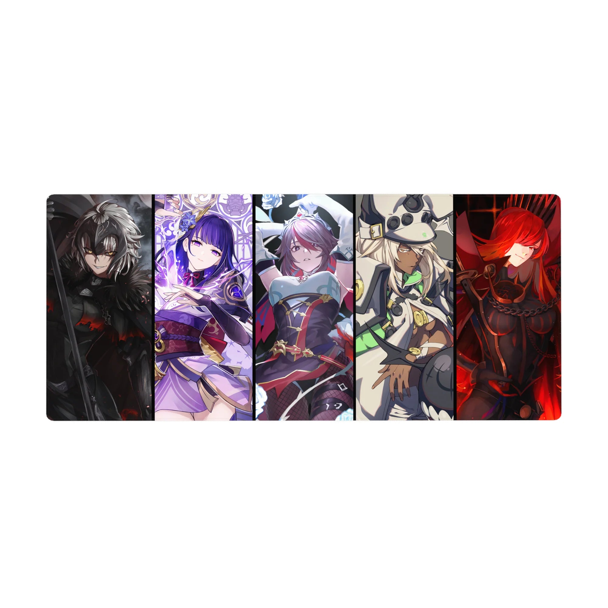 Anime girl desk pad 36x16 inches with five bold heroines, lace, armor, ribbons, and sci-fi accents.