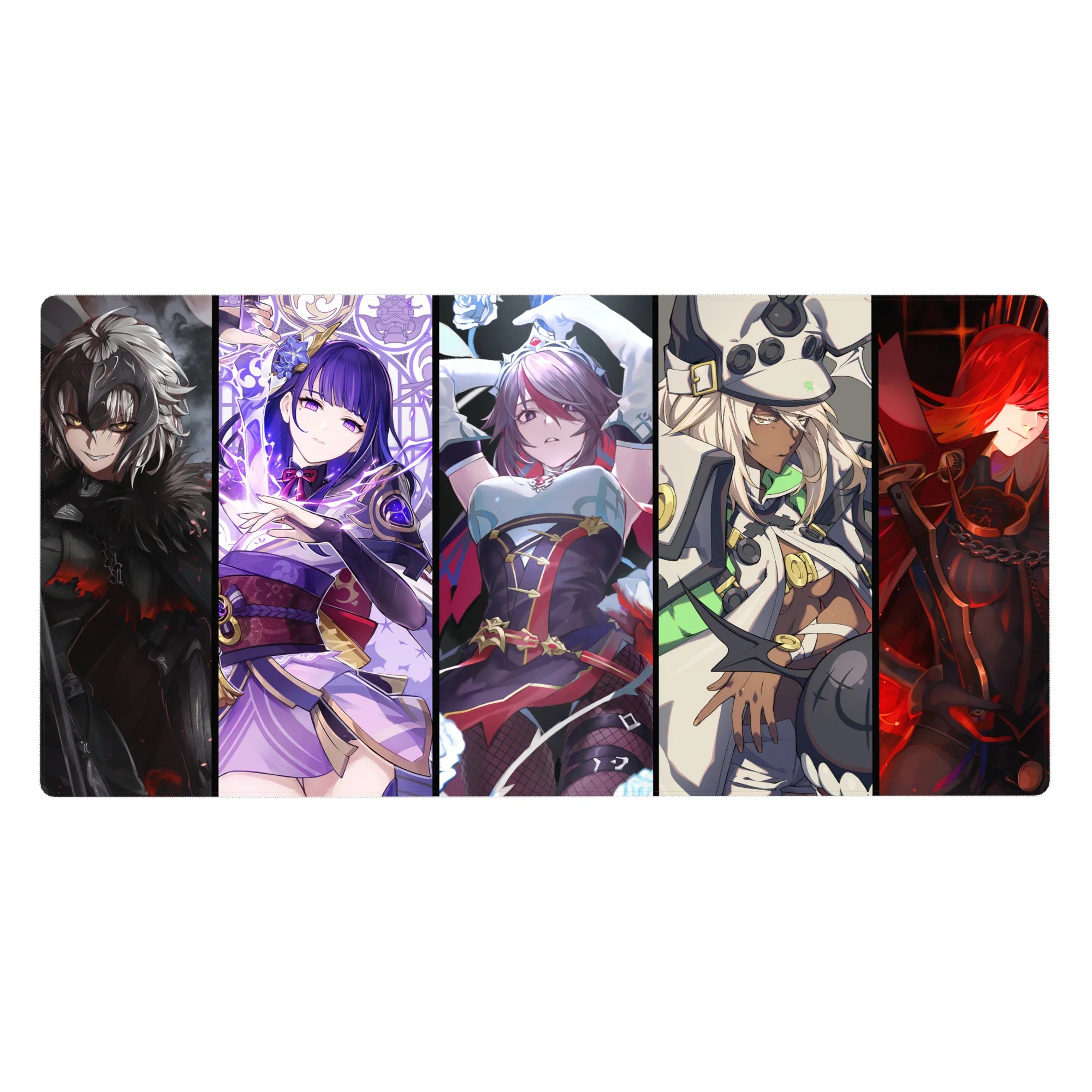 40x20 inches anime girl desk pad with five bold heroines, lace, armor, ribbons, and sci‑fi accents.