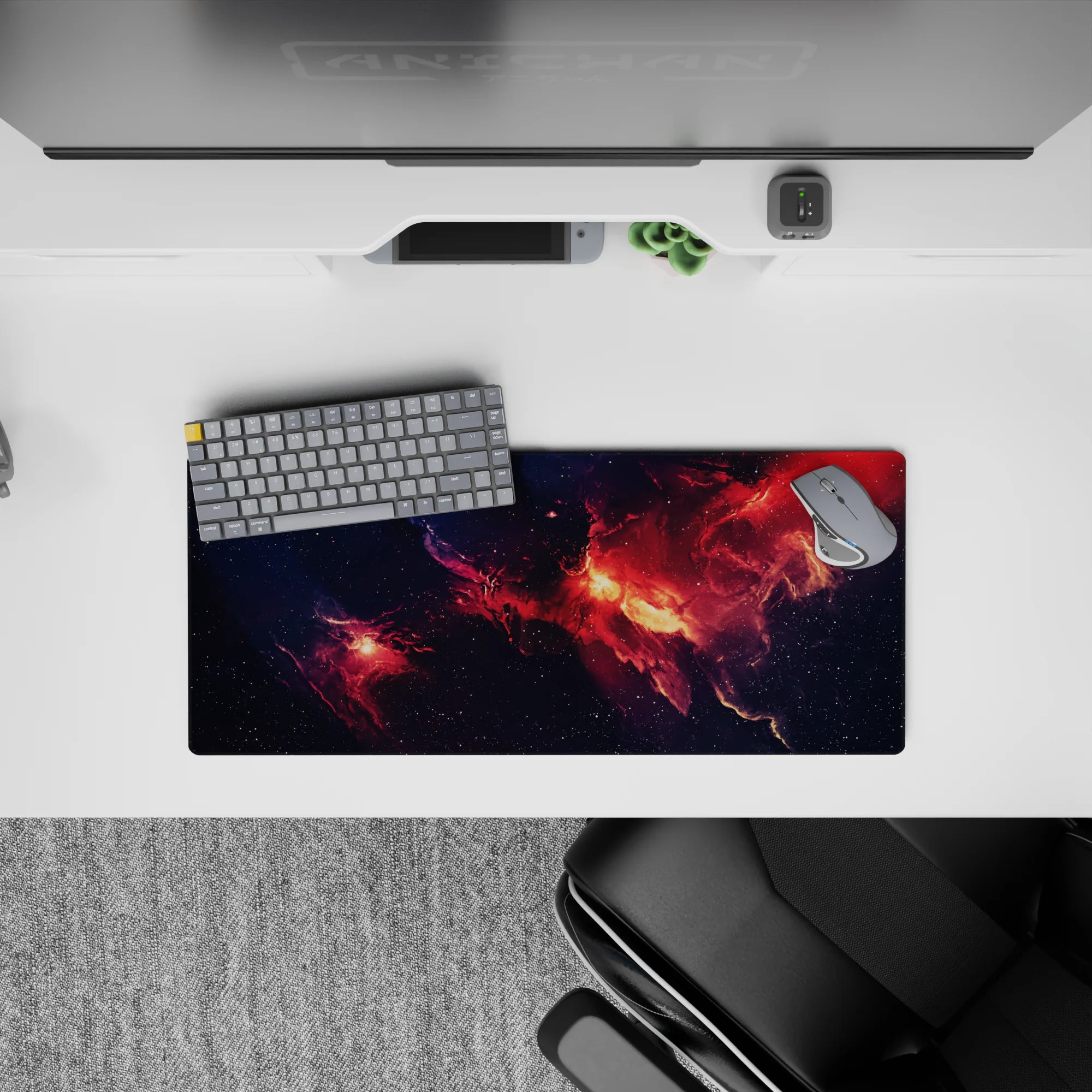 Inky navy with ember reds and glowing orange clouds mouse pad, 28x12 inches, dramatic yet cozy.