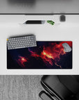 Inky navy with ember reds and glowing orange clouds mouse pad, 28x12 inches, dramatic yet cozy.