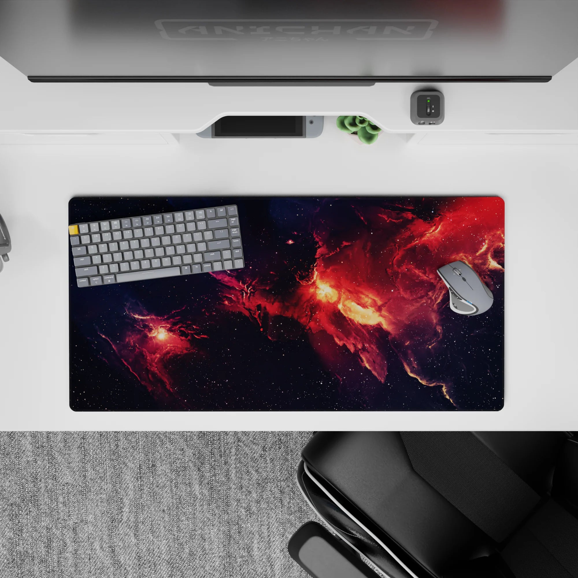 Inky navy to ember red and glowing orange clouds, cozy dramatic desk pad, 32x16 inches.