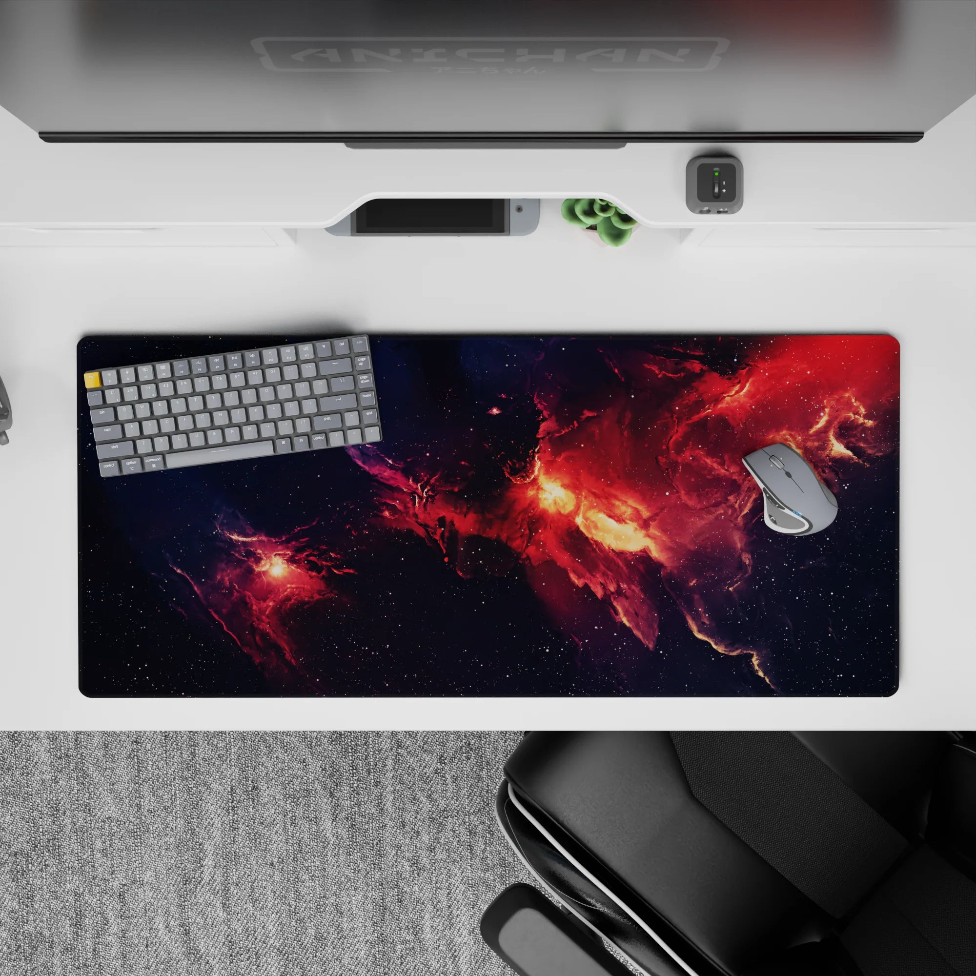 Navy, ember red, and glowing orange desk pad 36x16 inches with a dramatic cozy space vibe.