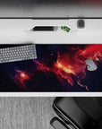 Navy, ember red, and glowing orange desk pad 36x16 inches with a dramatic cozy space vibe.