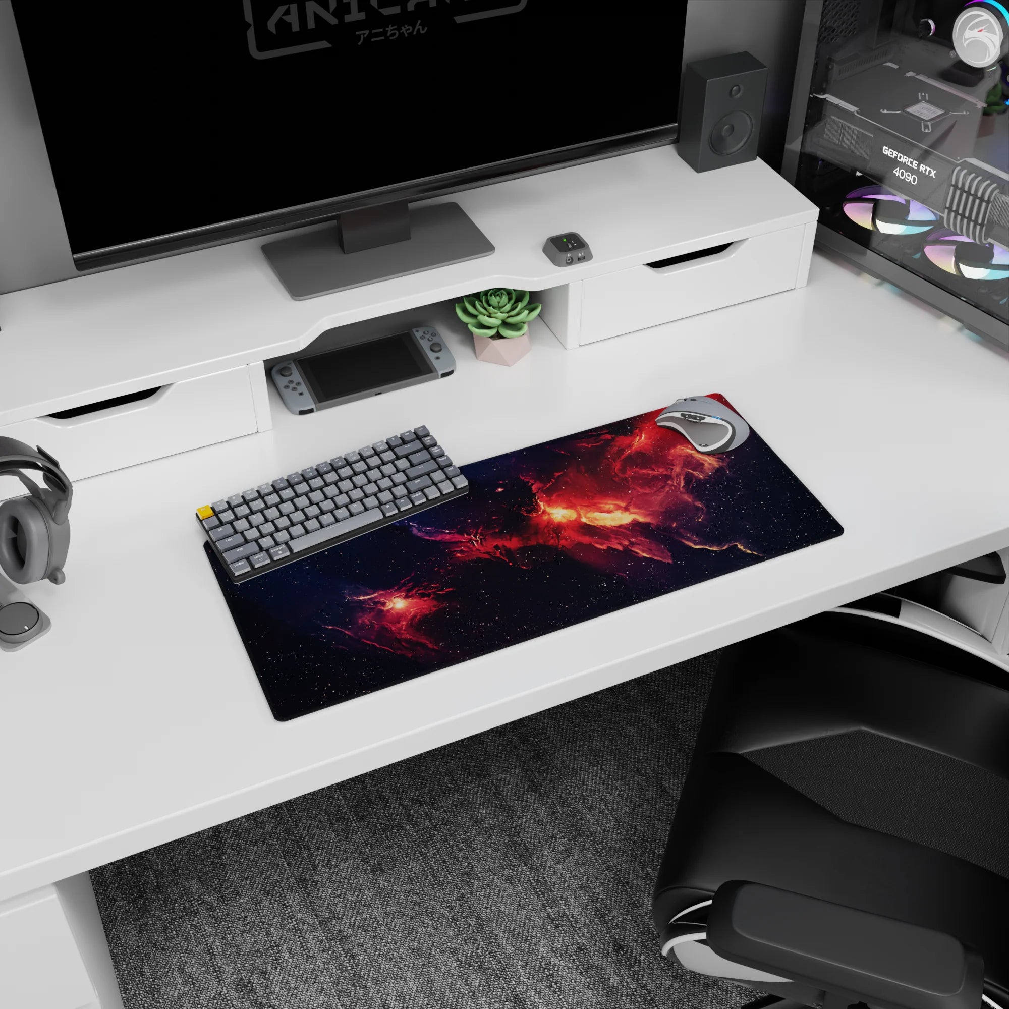 Fiery space nebula scene stretching across a 28x12 inches mouse pad, like a window to the stars.