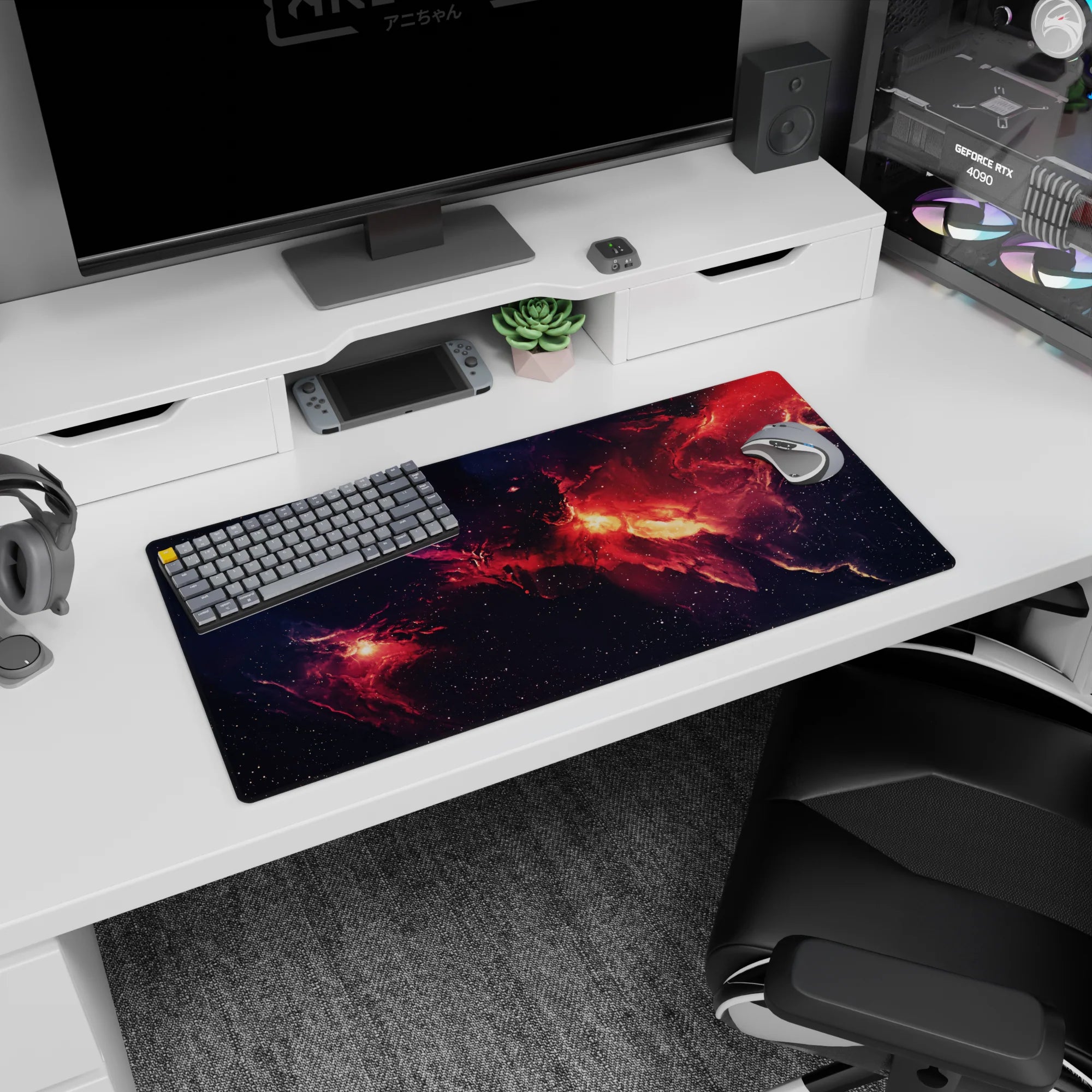 Fiery nebula stretching across a star-speckled space scene mouse pad, 32x16 inches.
