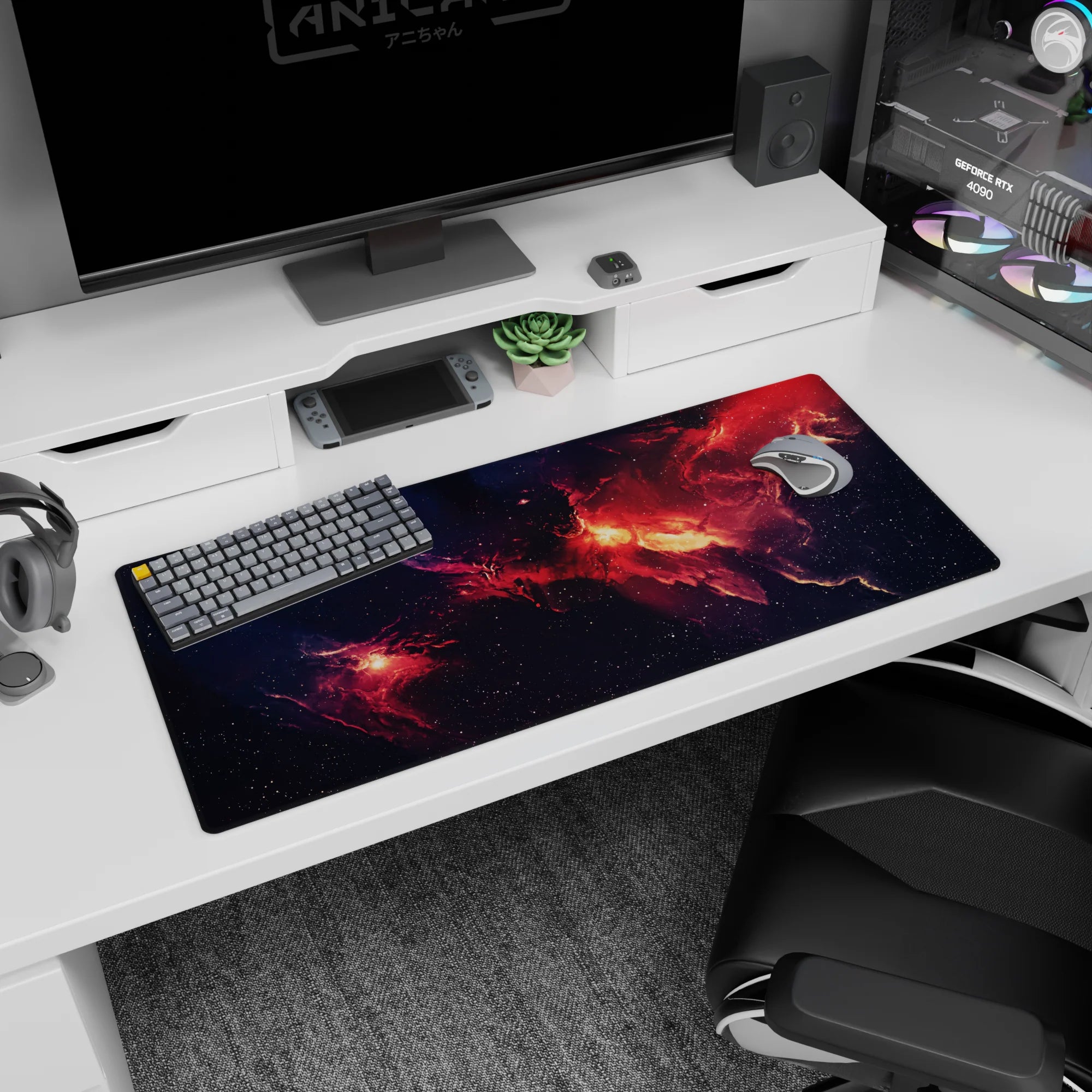 Fiery nebula cloud scene desk pad 36x16 inches, like a window to space with scattered stars.