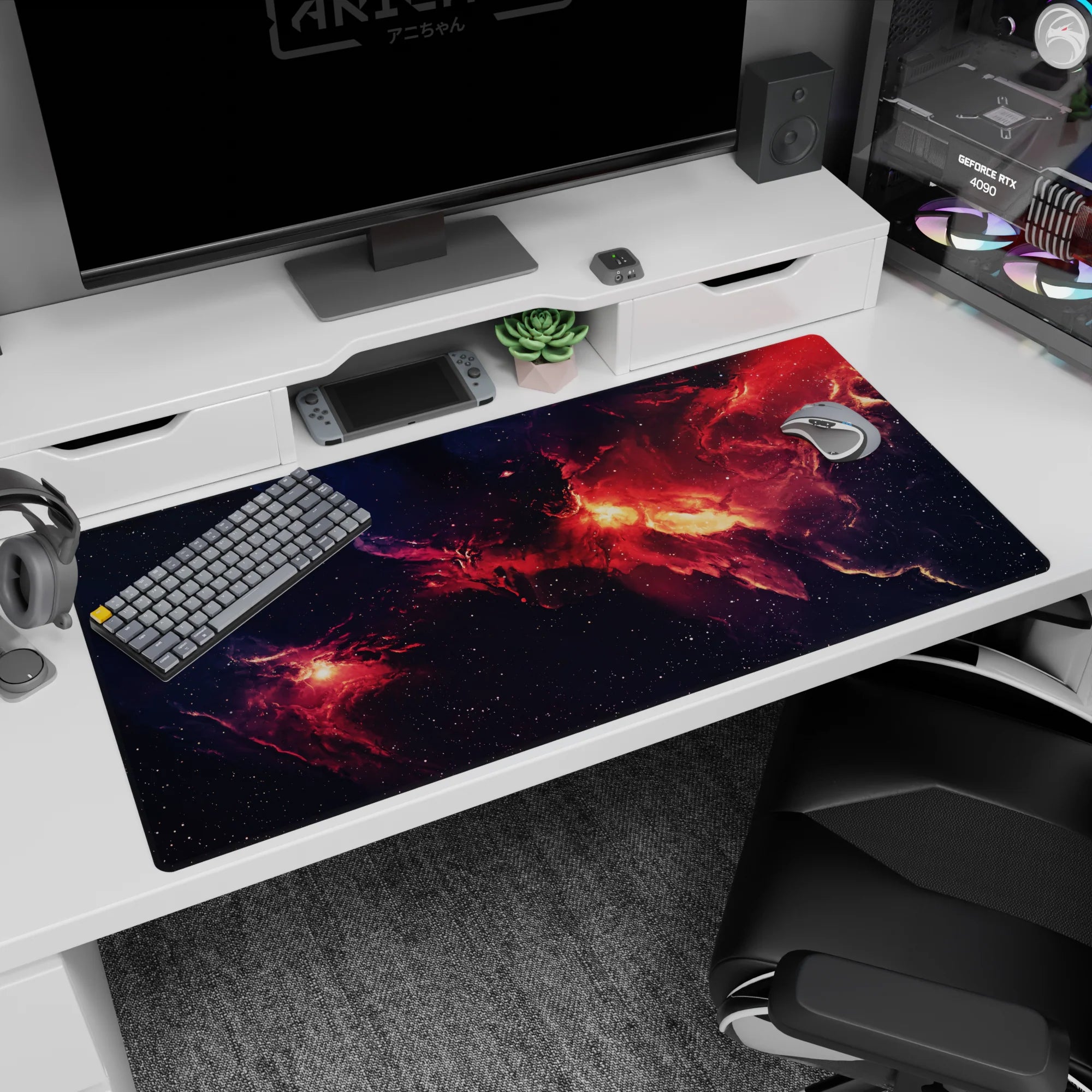 Fiery nebula stretching across a starry night sky desk pad 40x20 inches like a window to space.