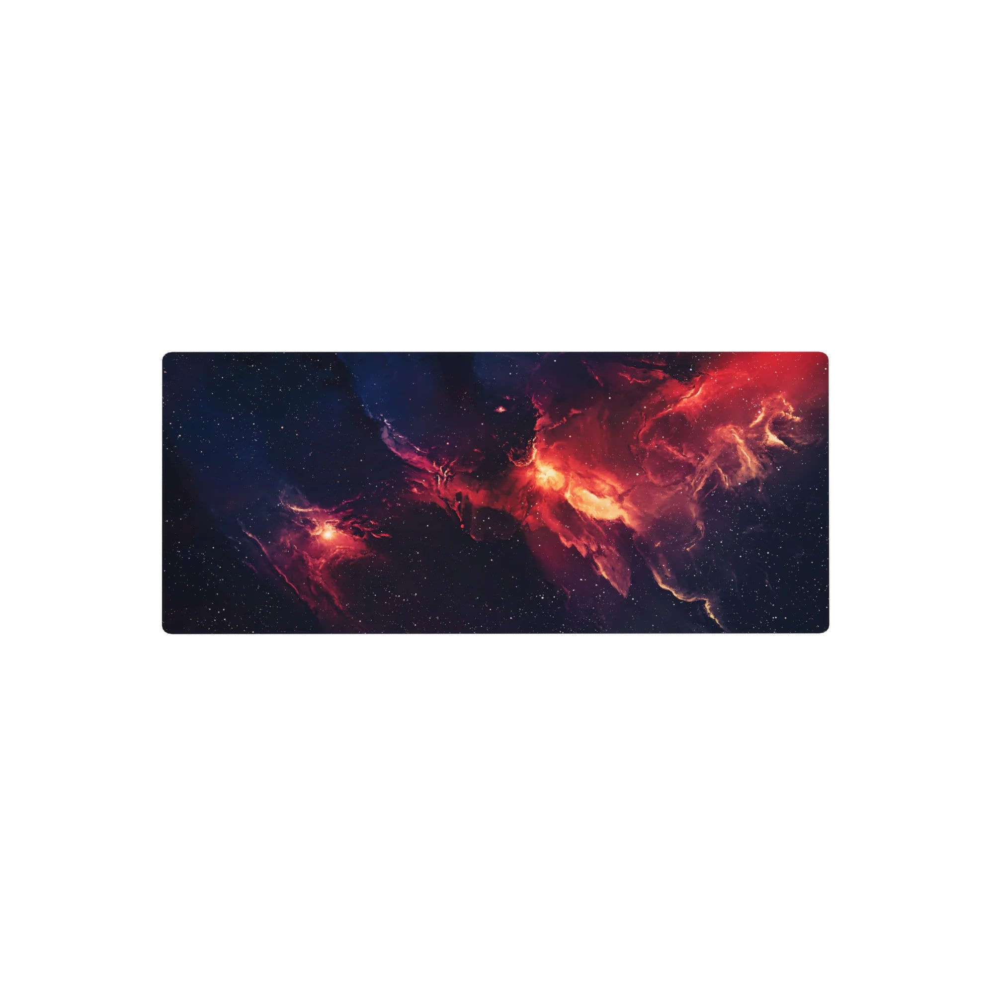 Midnight cosmos nebula mouse pad, 28x12 inches, with smoky swirls and scattered tiny stars.