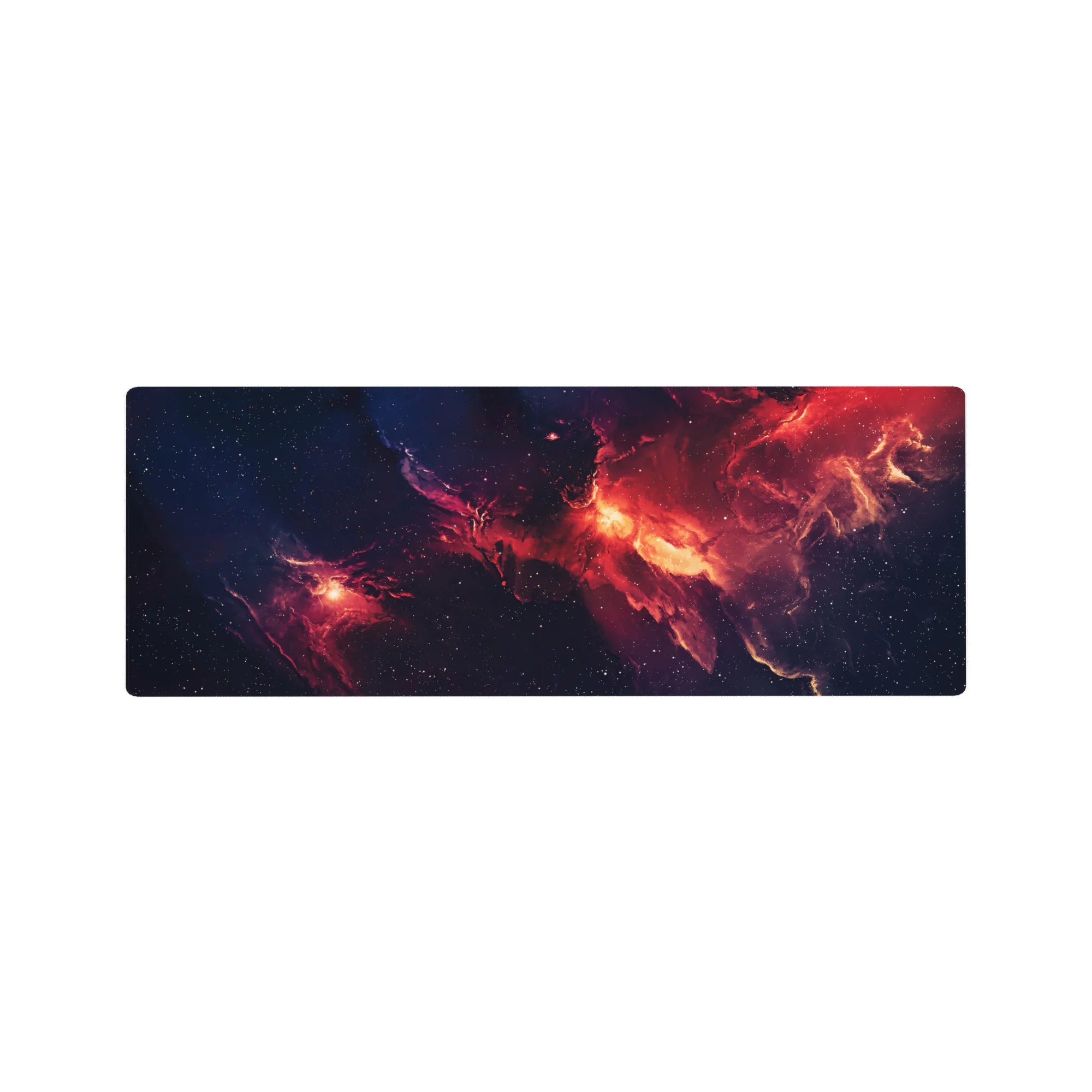 Midnight cosmos nebula desk mouse pad, 32x12 inches, with stars and smoky swirls across the surface.