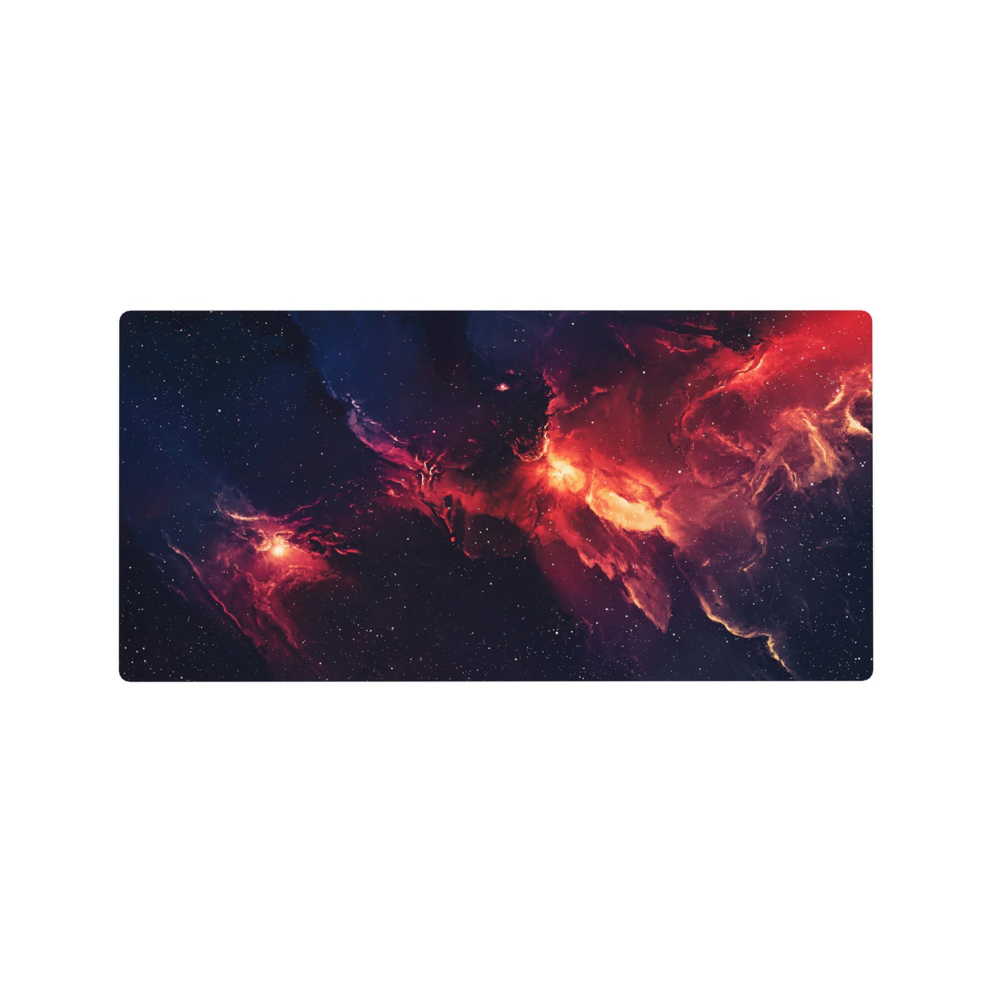 Midnight cosmos nebula desk mouse pad, starry smoky swirls, 32x16 inches.