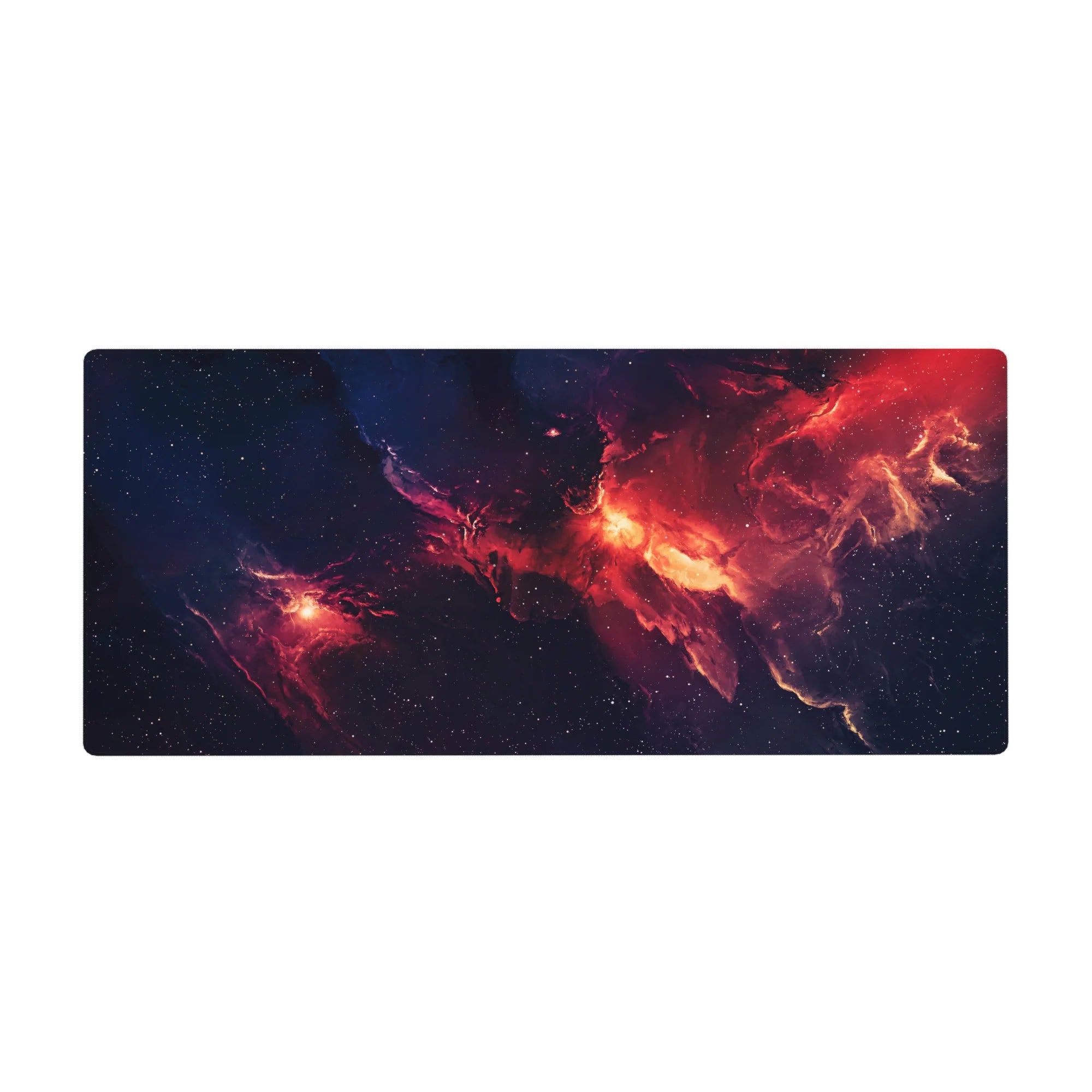 Midnight cosmos nebula desk pad 36x16 inches with smoky swirls and tiny star speckles.