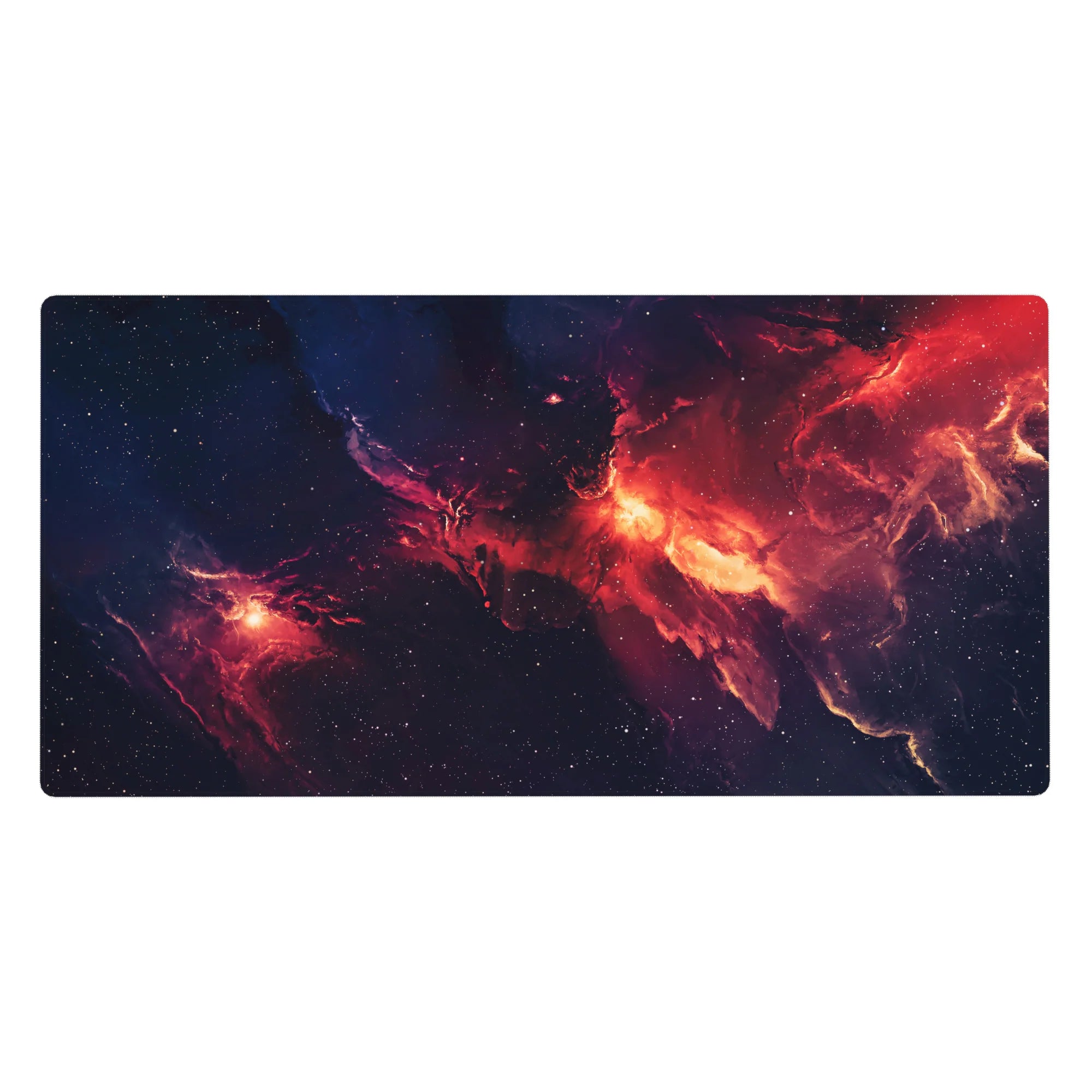 Midnight cosmos nebula desk pad 40x20 inches with smoky swirls and tiny star speckles.