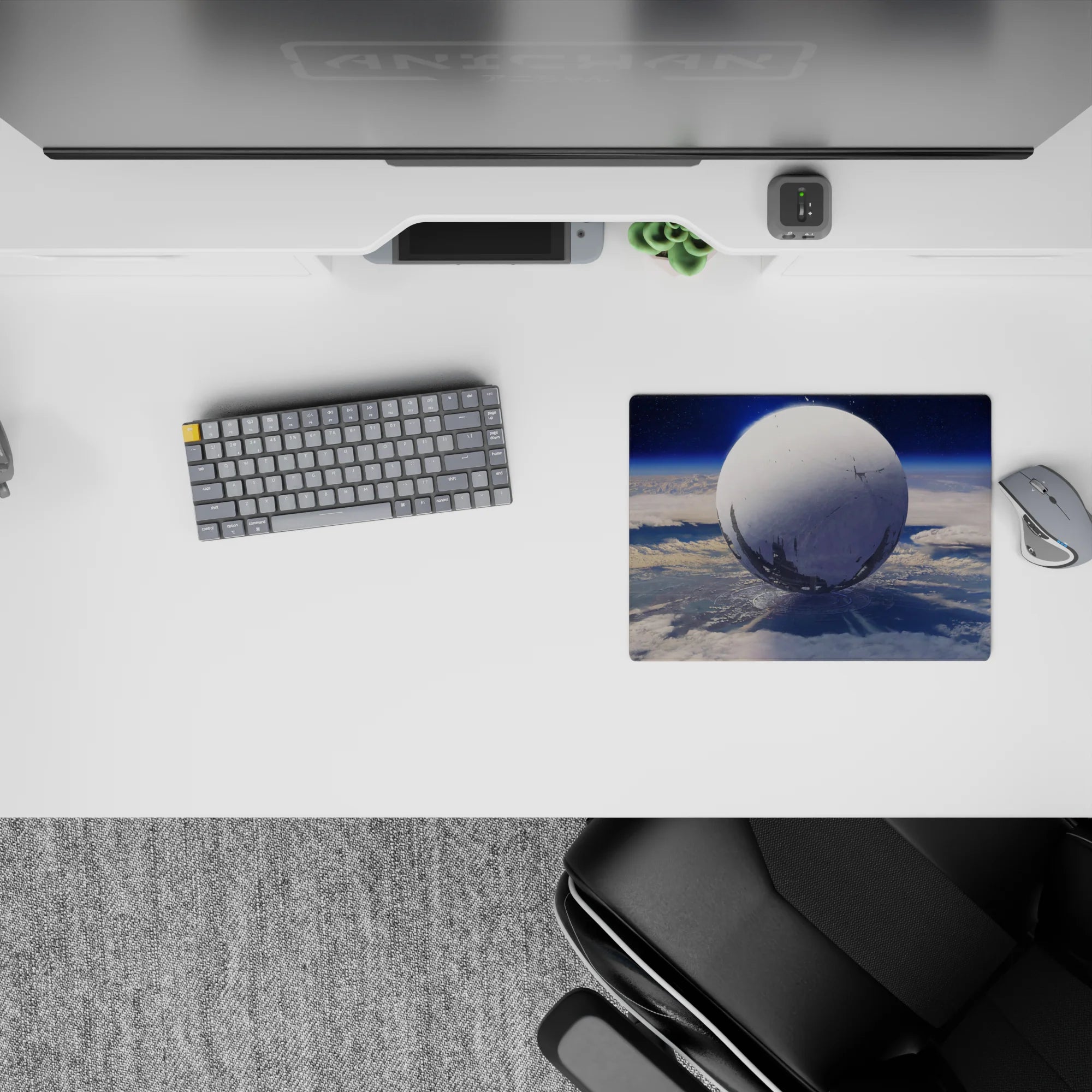 Calming 14x10 inches mouse pad in cool blue gradients with soft haze for a clean sci-fi mood.