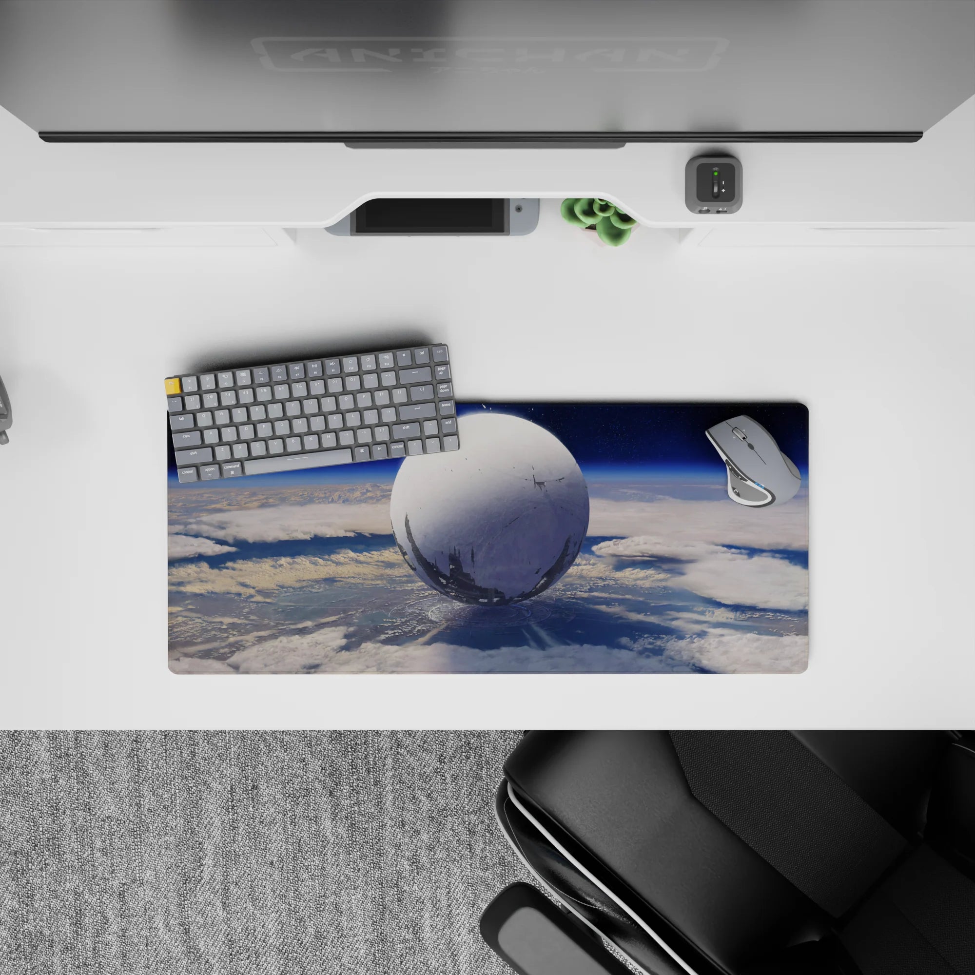 Deep sky blue gradient mouse pad, 28x12 inches, calm dreamy sci-fi mood with subtle star specks.