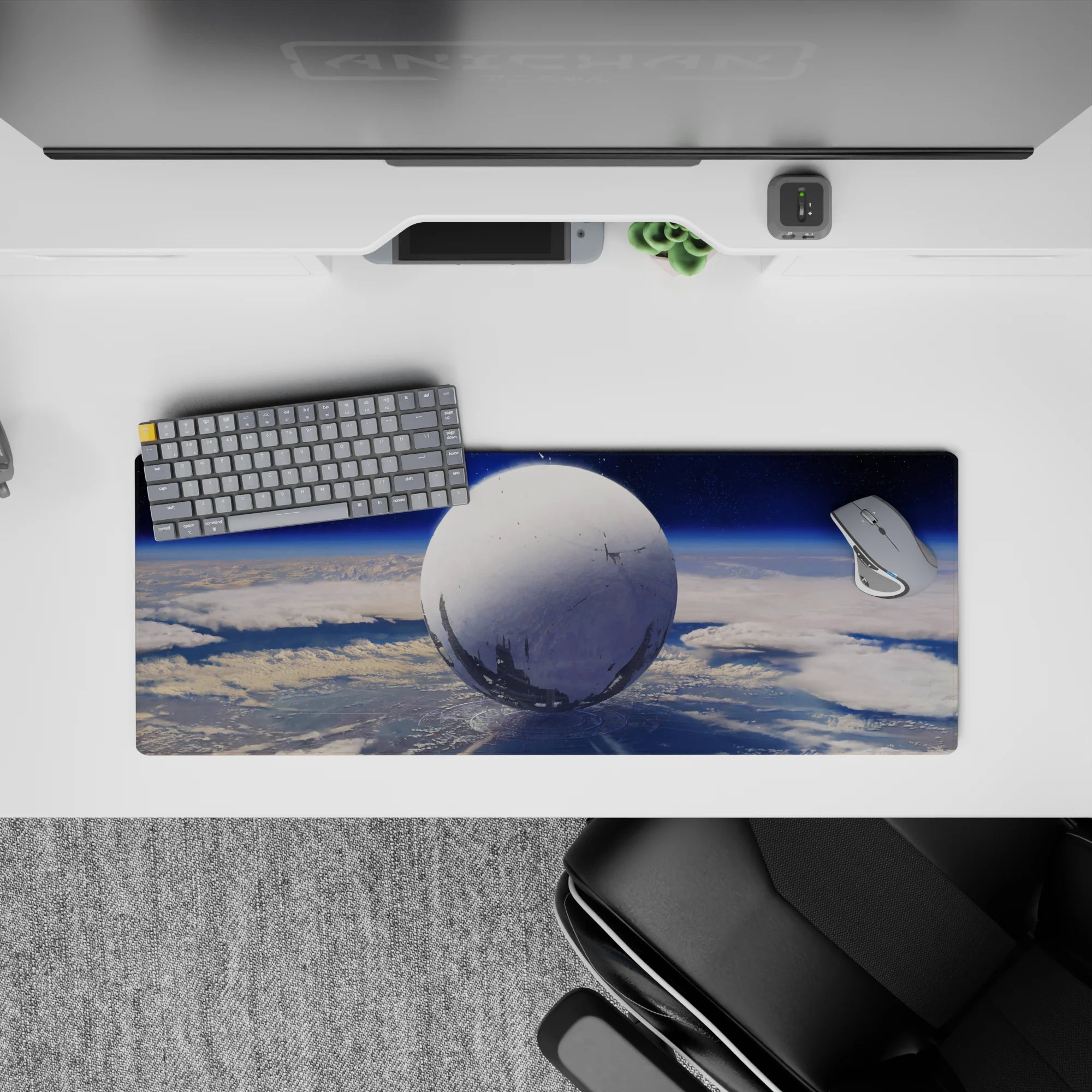 Deep sky blue gradient mouse pad 32x12 inches, calm dreamy space vibe with subtle star specks.
