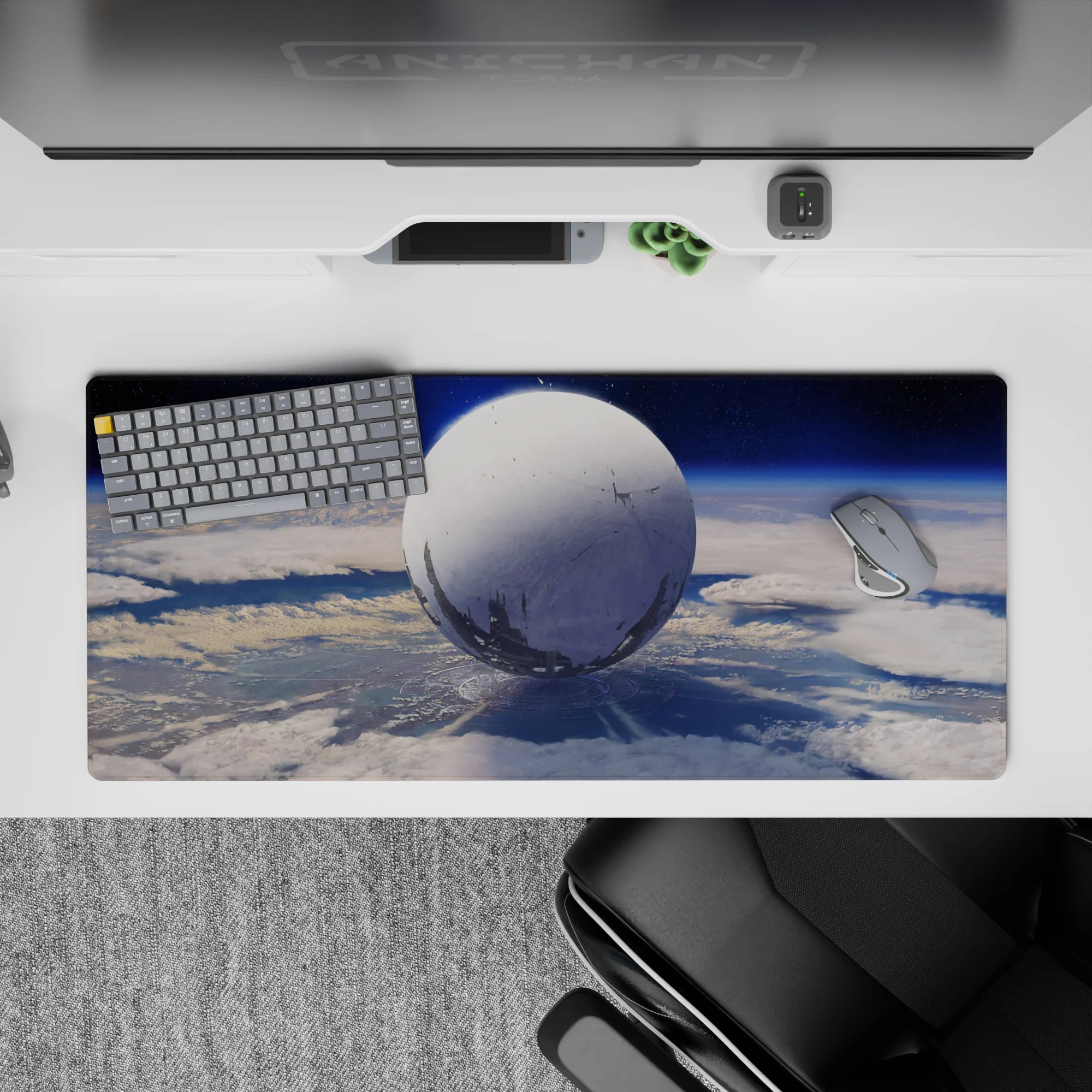 Deep sky blue gradient desk pad 36x16 inches with calm sci-fi mood, cool tones, and cozy feel.