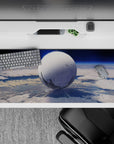 Deep sky blue gradient desk pad 36x16 inches with calm sci-fi mood, cool tones, and cozy feel.