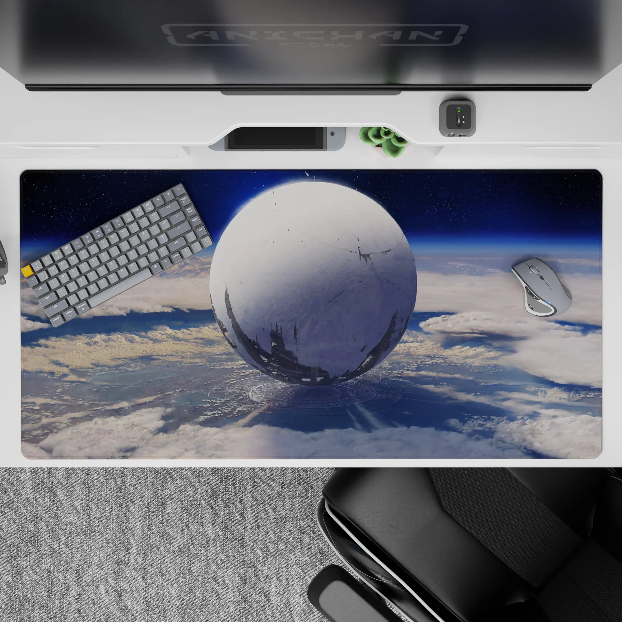Deep sky-blue gradient desk pad 40x20 inches with cool, calm sci-fi mood and cozy late-night vibe.