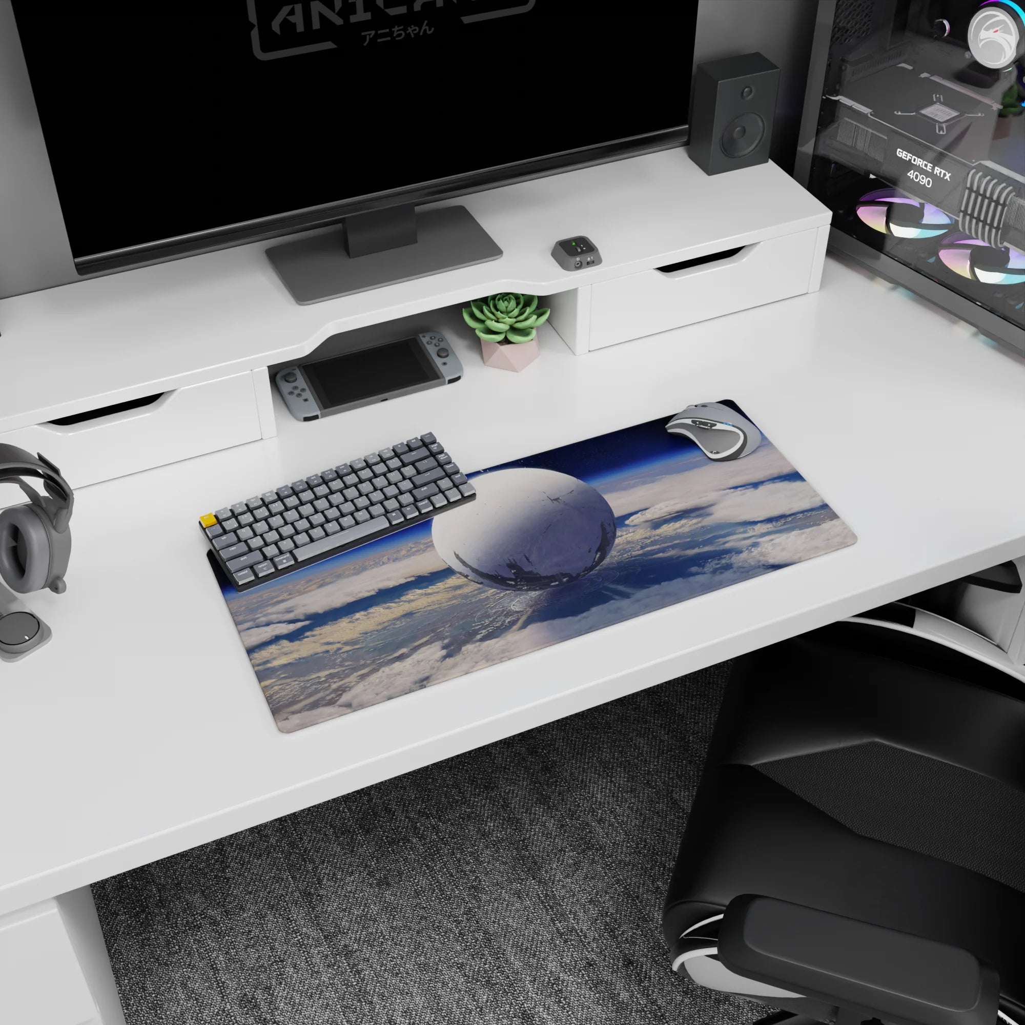 Giant moon-like planet hovering in blue space mouse pad, 28x12 inches, quiet orbit scene for desks.