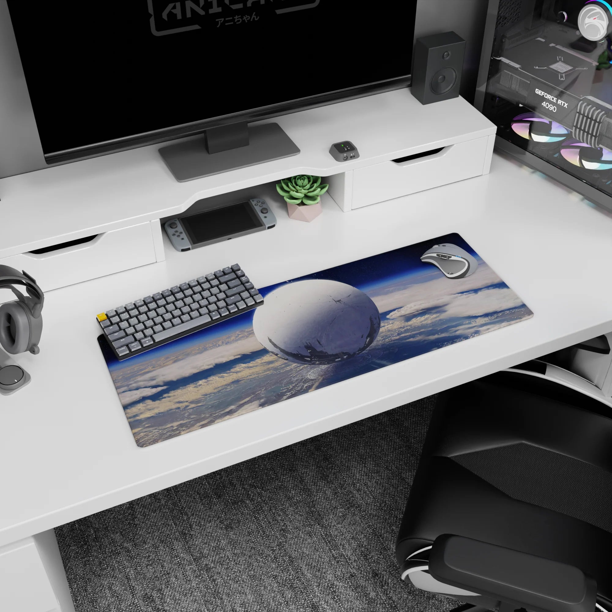 Giant moon-like orb floating in blue sky mouse pad 32x12 inches, quiet orbit scene with gentle rings.