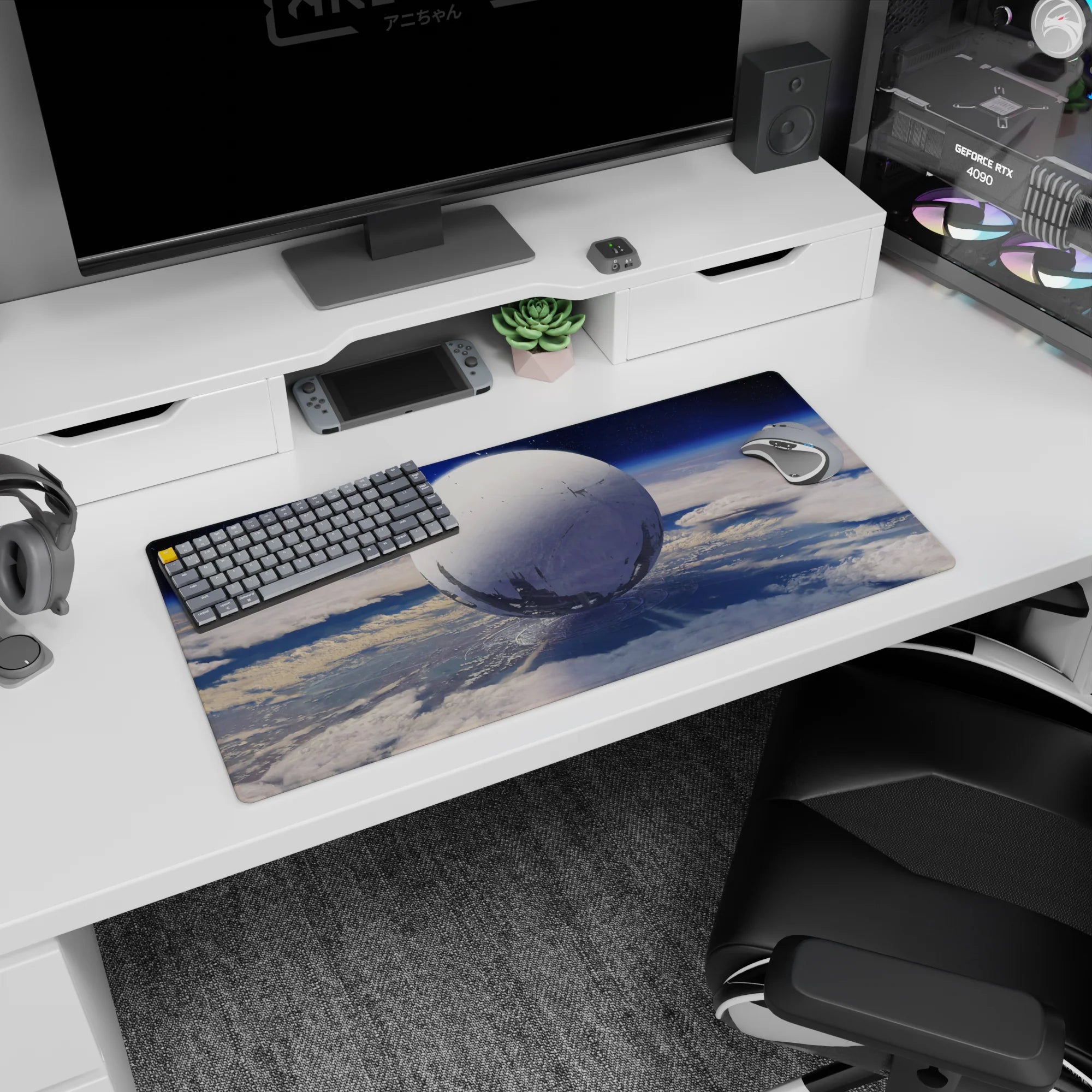 Giant moon-like white orb floating in a quiet blue sky mouse pad 32x16 inches with tiny star specks.