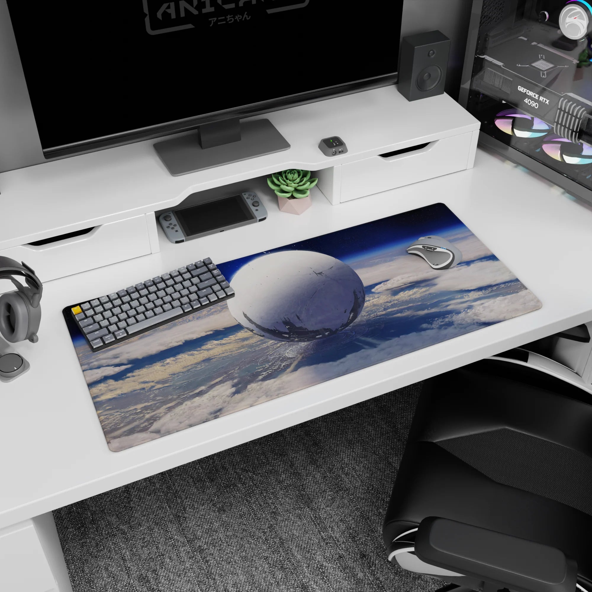 Giant moon-like orb floating above clouds desk pad 36x16 inches with tiny stars in a quiet sky.