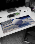 Giant moon-like orb floating above clouds desk pad 36x16 inches with tiny stars in a quiet sky.
