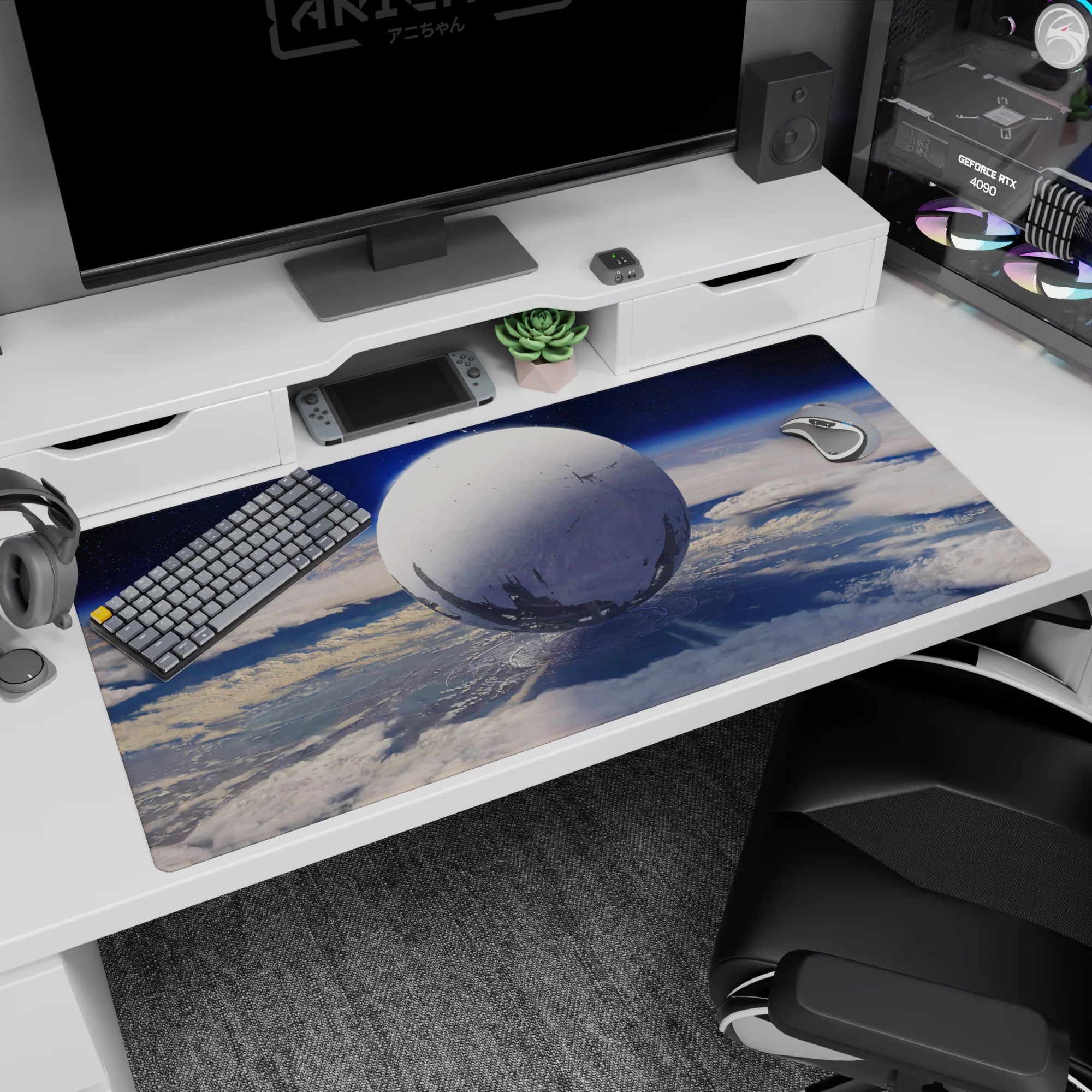 Giant moon-like white sphere floating in blue sky desk pad 40x20 inches with tiny stars and haze.