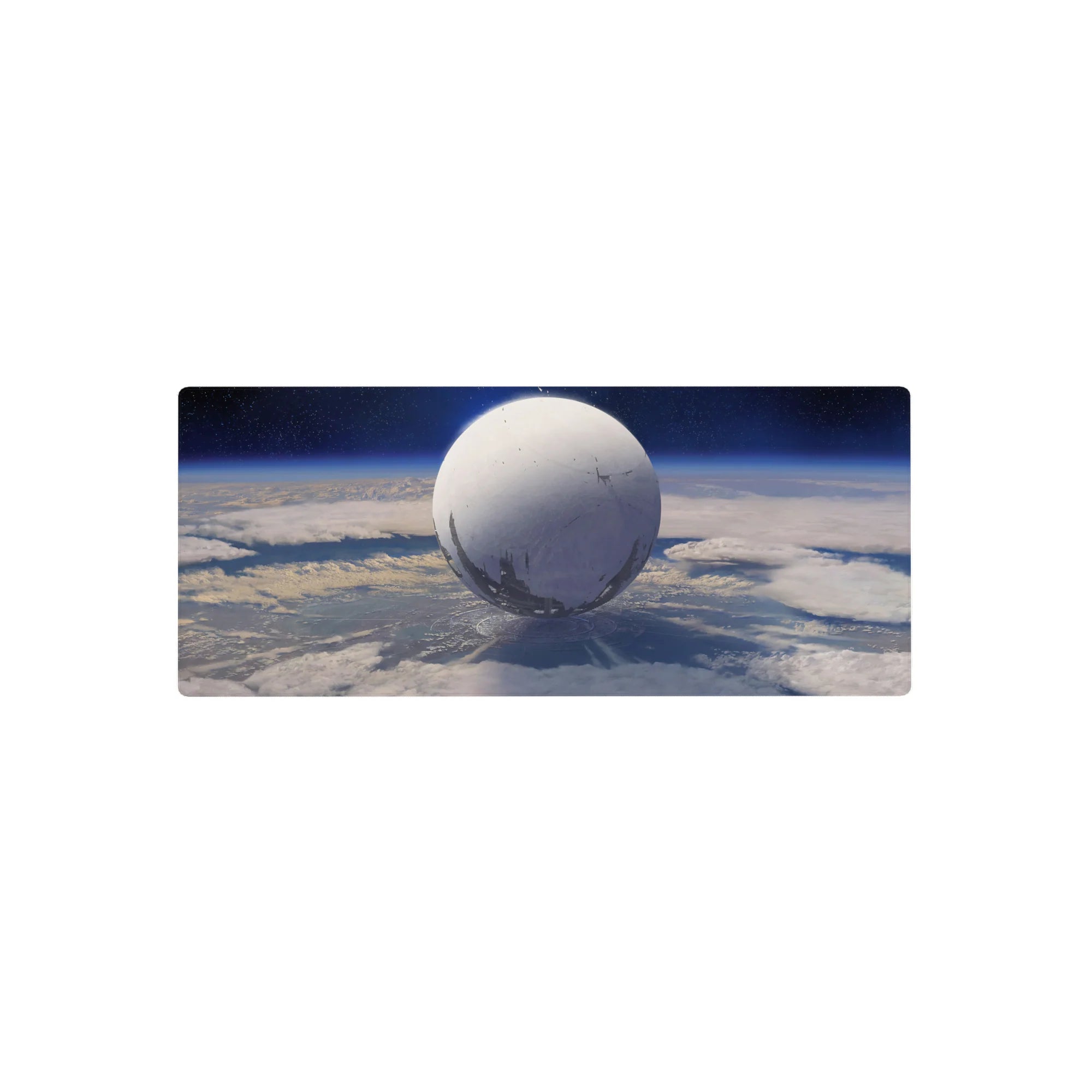 Moon-white sphere orbit design mouse pad, 28x12 inches, with soft haze, tiny stars, and shadow rings.