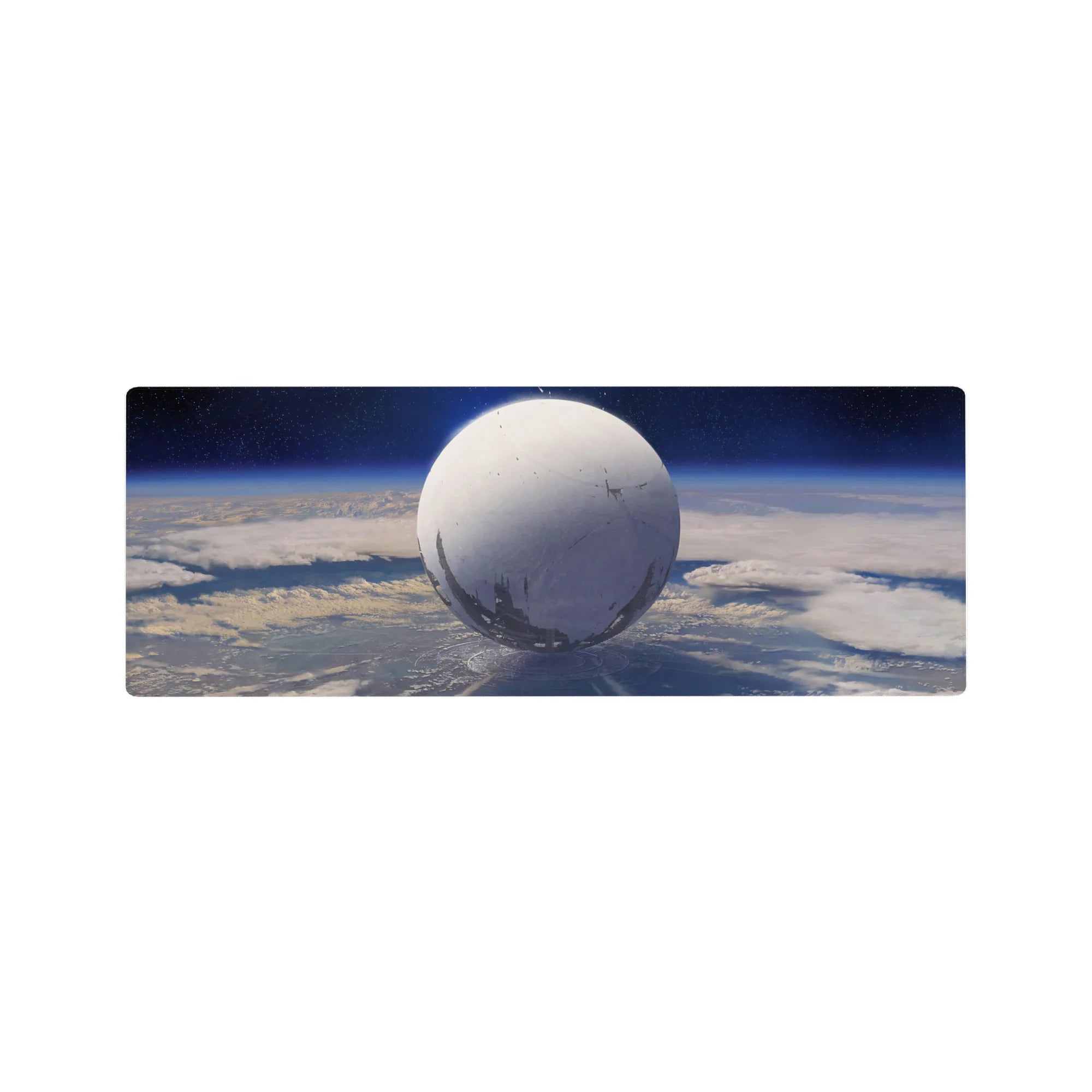 Moon-white sphere orbit desk mat mouse pad 32x12 inches with soft haze, stars, and shadow rings.